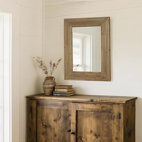 Miniatura 4 de WallBeyond Espejo de pared con marco de madera de granja de 24 x 36 pulgadas, espejo de baño de madera natural, espejo de pared rectangular de