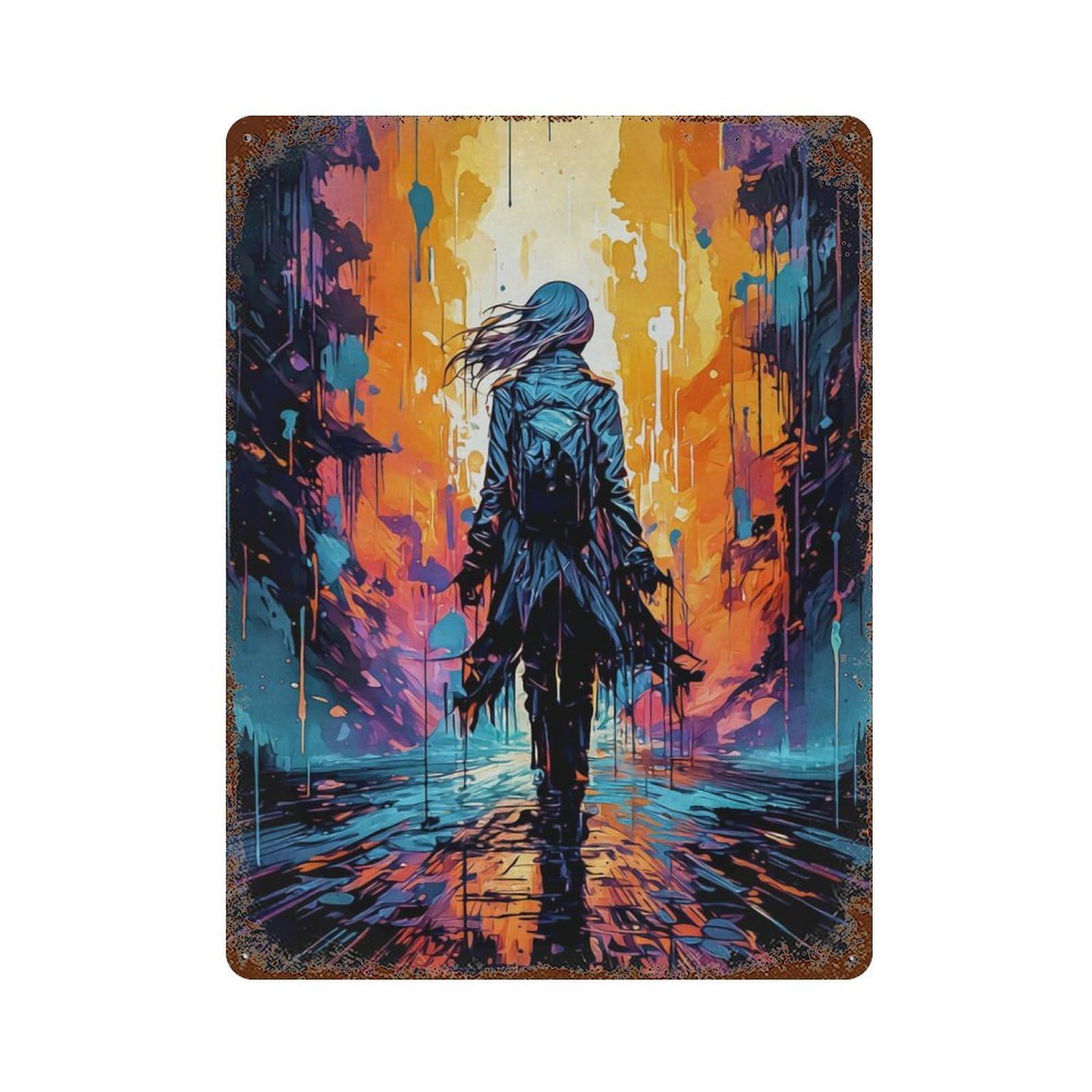 Silhouette in A Colorful City Rusty Metal Tin Sign 15.7"x11.8", Ideal for Farmhouse, Kitchen And Entryway Decor