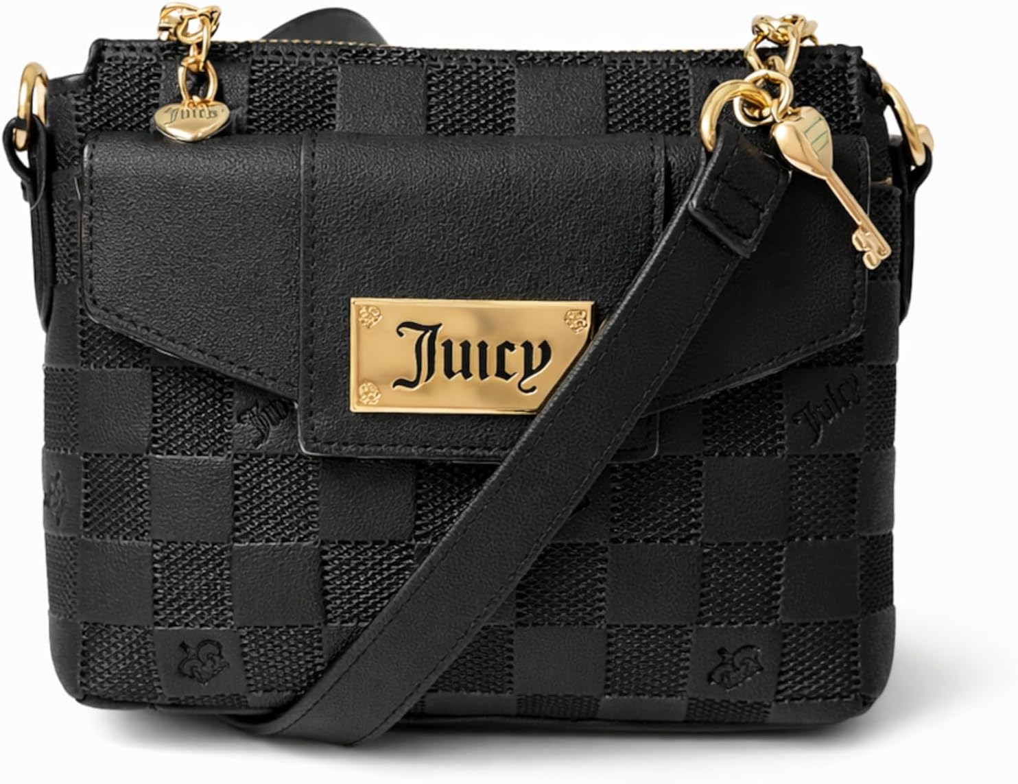Juicy Couture Miss Independent Crossbody Bag, Black Checkerboard Logo Mini Purse with Gold Hardware, Adjustable Strap, 8 x 6 Inches