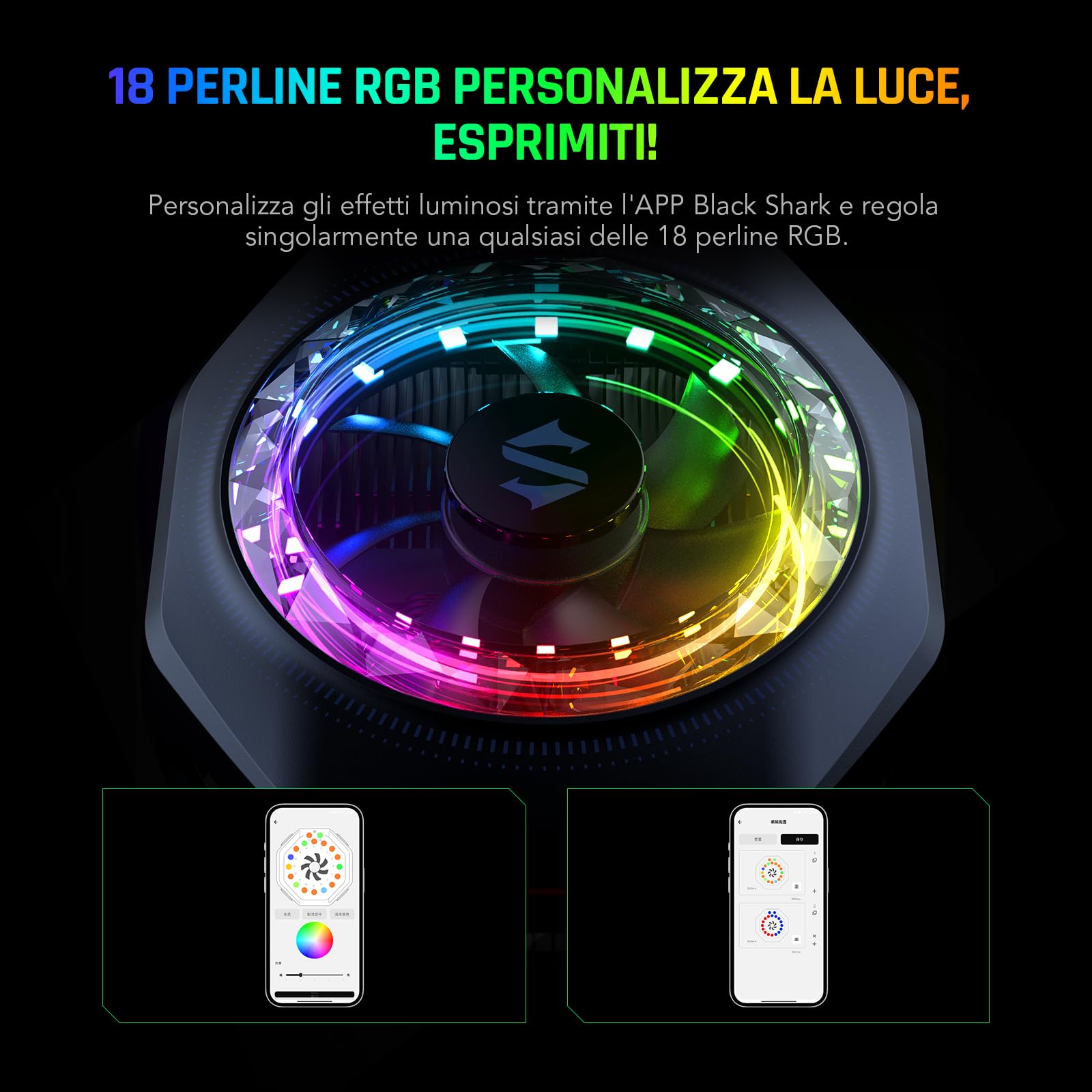 Enfriador magnético para teléfono Black Shark 5 Pro: 18 LED RGB direccionables, empuñadura desmontable, ventilador termostático controlado por aplicación para iPhone MagSafe/Android/iPad