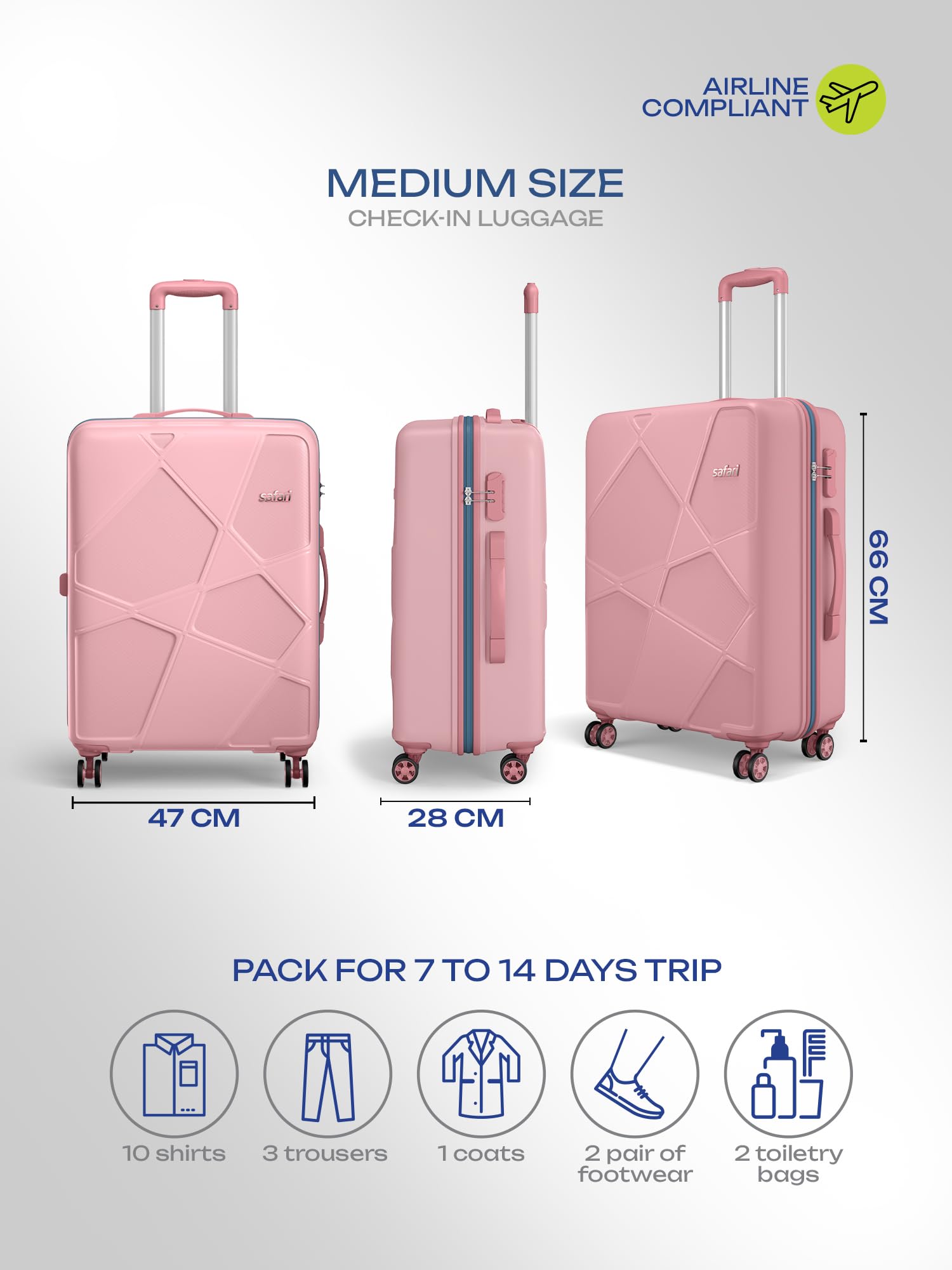 Safari Pentagon Pro 8 Wheels 65cm Medium Size Trolley Bag, Hard Case Polypropylene, 360º Wheeling Small Check in Luggage, Suitcase for Travel, Trolley Bags for Travel, Rose Gold — Amazon image 6