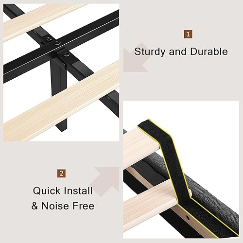 Miniatura 6 de Base de cama de tamaño matrimonial con estación de carga, cama de plataforma tapizada, cabecera de almacenamiento moderna con respaldo de ala,