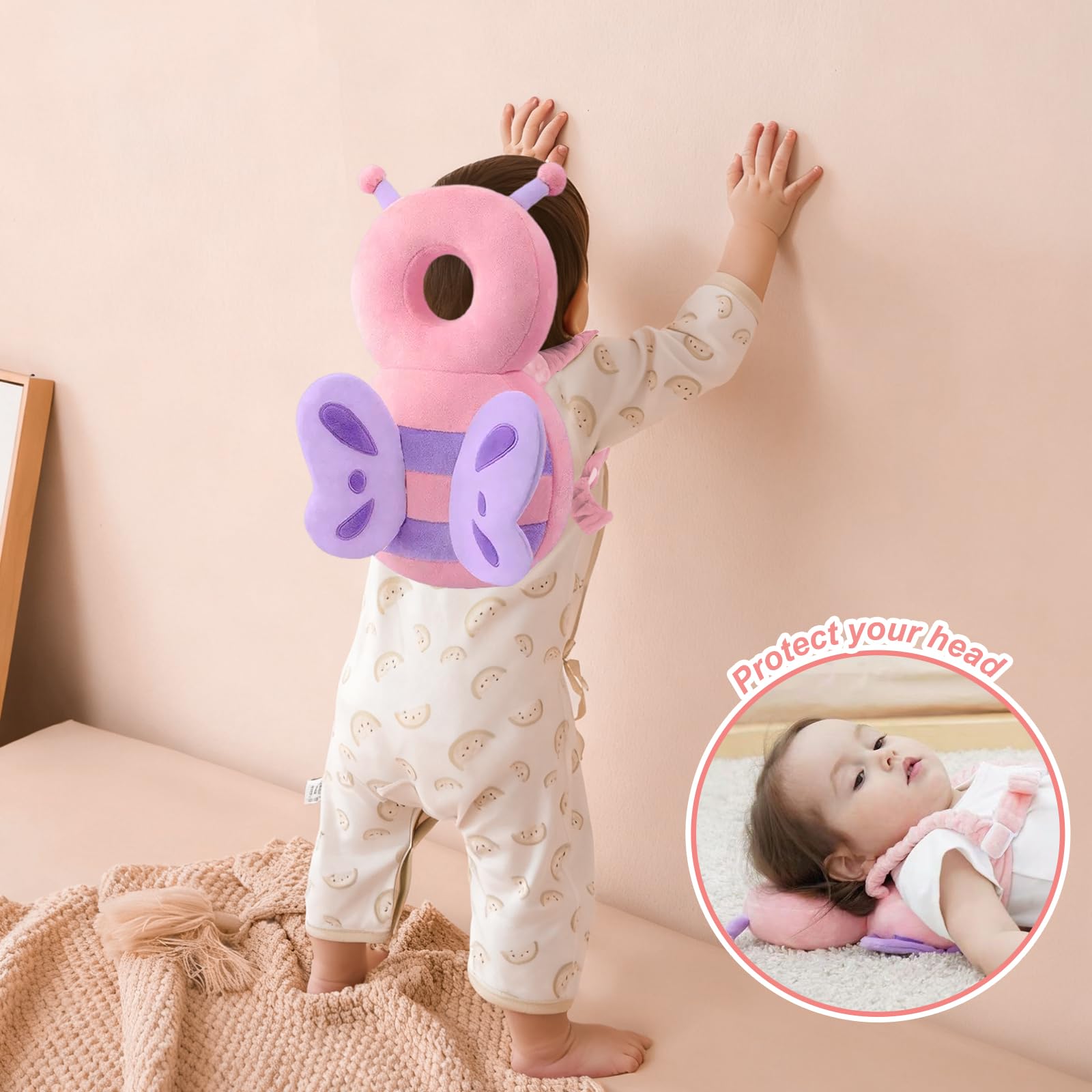 Zaino protettivo per la testa del bambino, cuscinetti di sicurezza regolabili per imparare a camminare, zaino per protezione della testa per bambini da 4 a 24 mesi che gattonano, farfalla in peluche