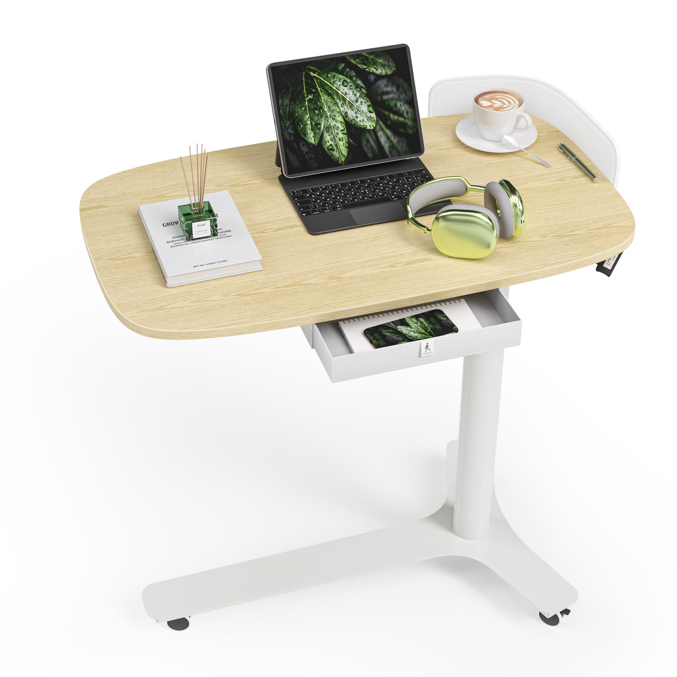 KINGSMITH Height Adjustable Mobile Standing Desk with 360° Swivel Casters, 28"-43" Pneumatic Rolling Desk with Storage Drawer, Perfect for Home Office, Bedroom, Living Room, Oak