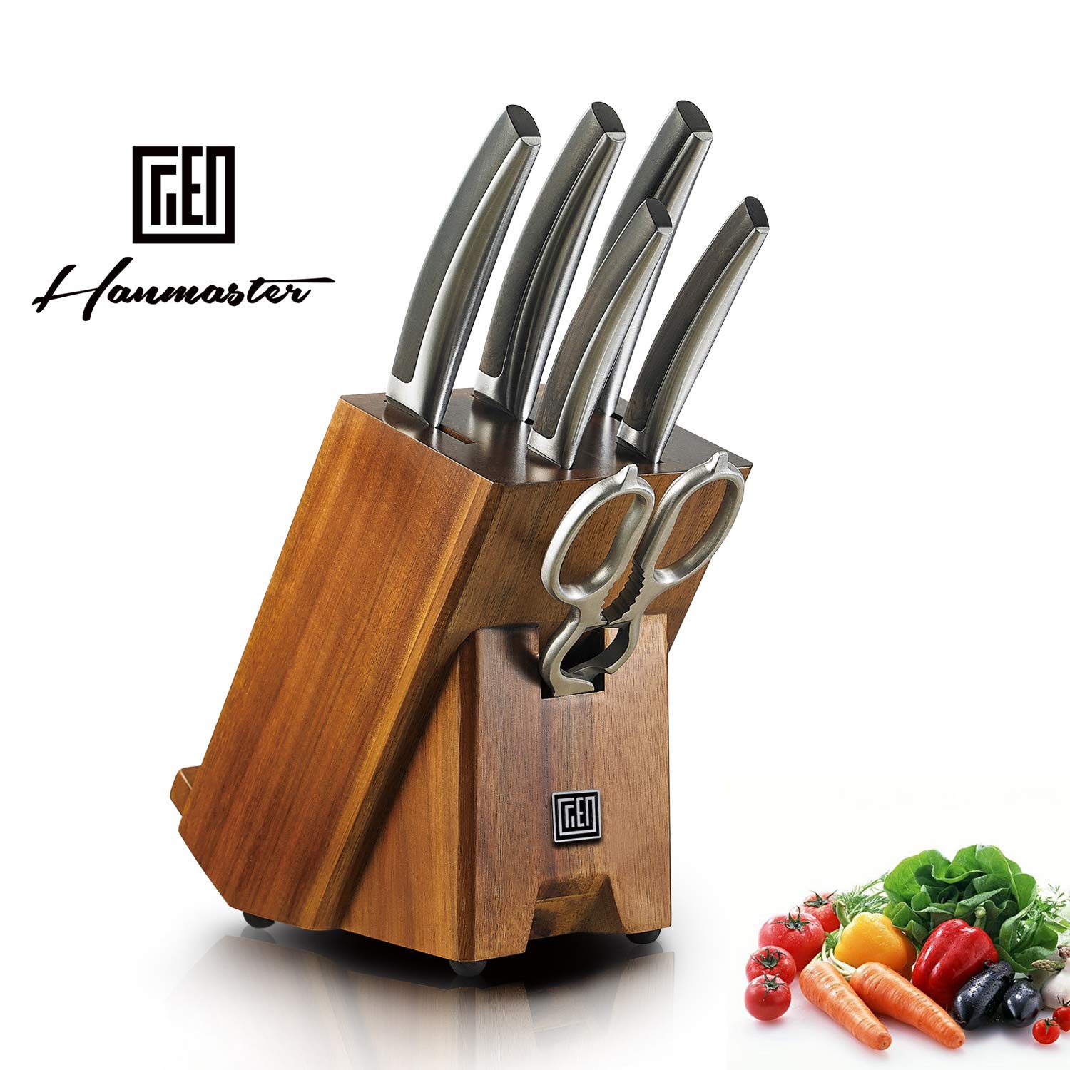 Hanmaster Kitchen Germany High Carbon Stainless Steel 7-piece Razor Sharp Knife Set with Wooden Block for household and restaurant.