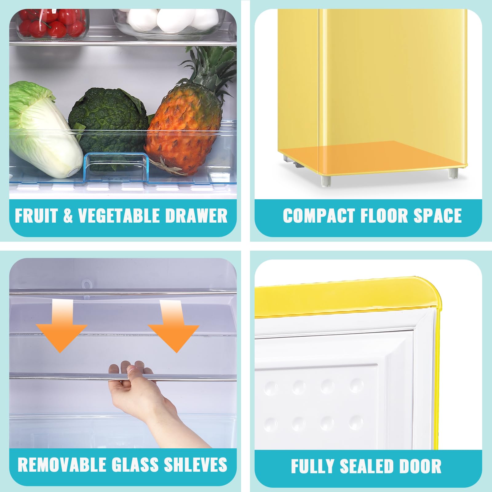 WANAI Mini Fridge Dual Door Refrigerator With Freezer 3.5 Cu.Ft, Compact Refrigerator With Adjustable Temperature & Removable Glass Shelves, Fridge For Apartment/Dorm/Office/RV, Yellow on Fridge.com - View 4