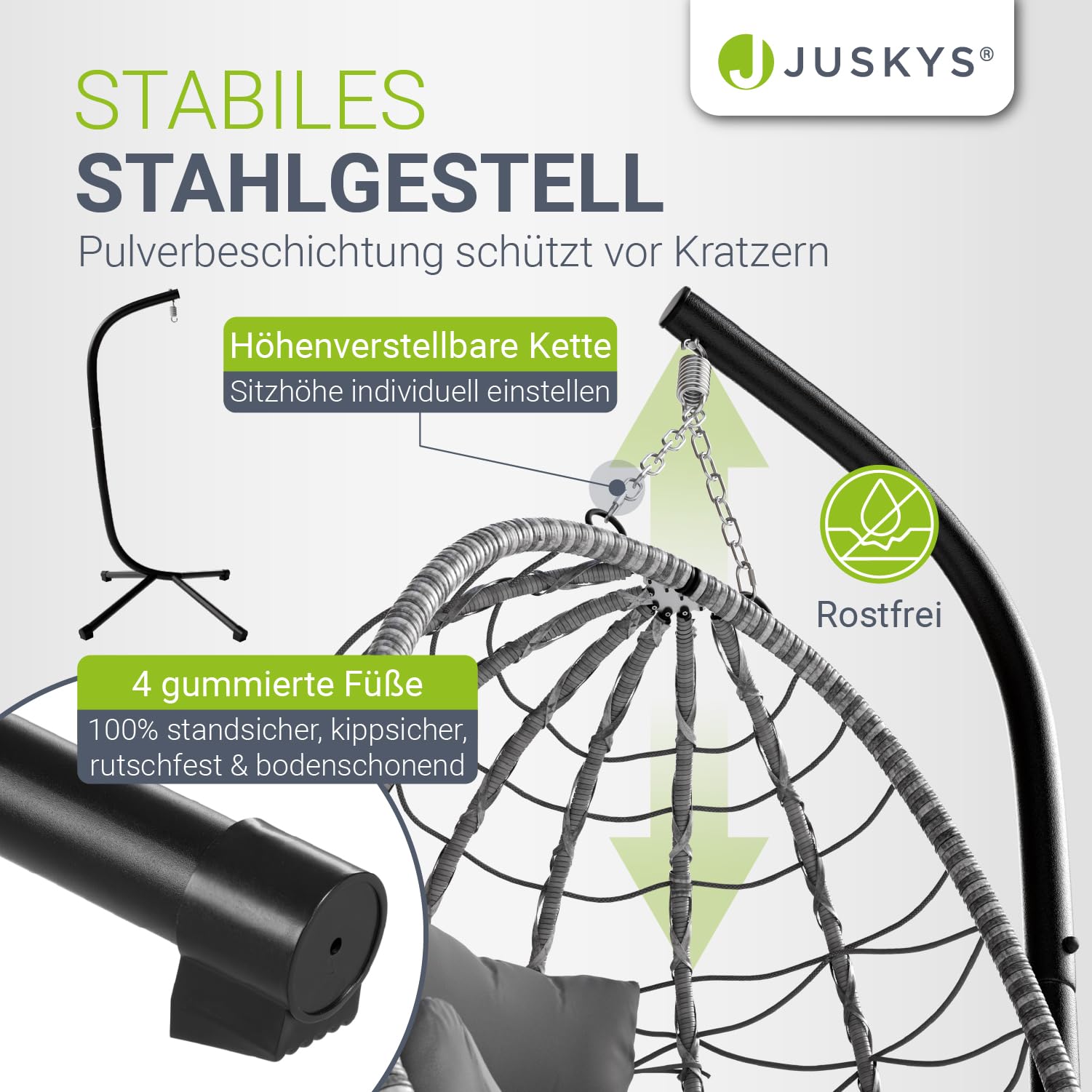 Juskys® Hängesessel Aria mit Gestell höhenverstellbar, faltbar & ergonomisch - Outdoor & Indoor - bis 130 kg - Polyrattan Korbhängesessel inkl. Kissen - Grau