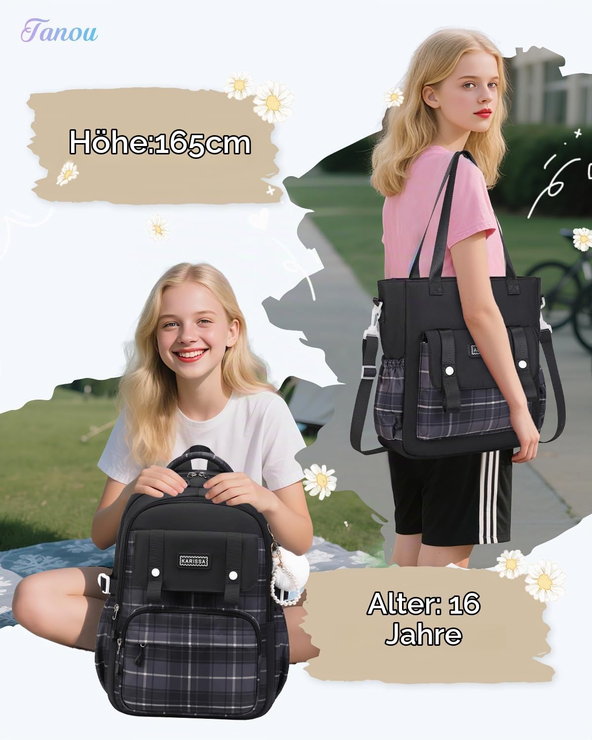 Tanou Rucksack Schule Mädchen Teenager für Schule Reisen, 26L, Schwarz