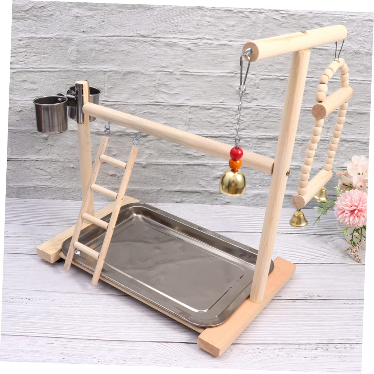 Percha para Pájaros de Madera y Acero Inoxidable Parque Columpio Escalera y Campana Juguete Colgante para Jaulas de Periquitos y Pequeños Color Aleatorio Color Aleatorio