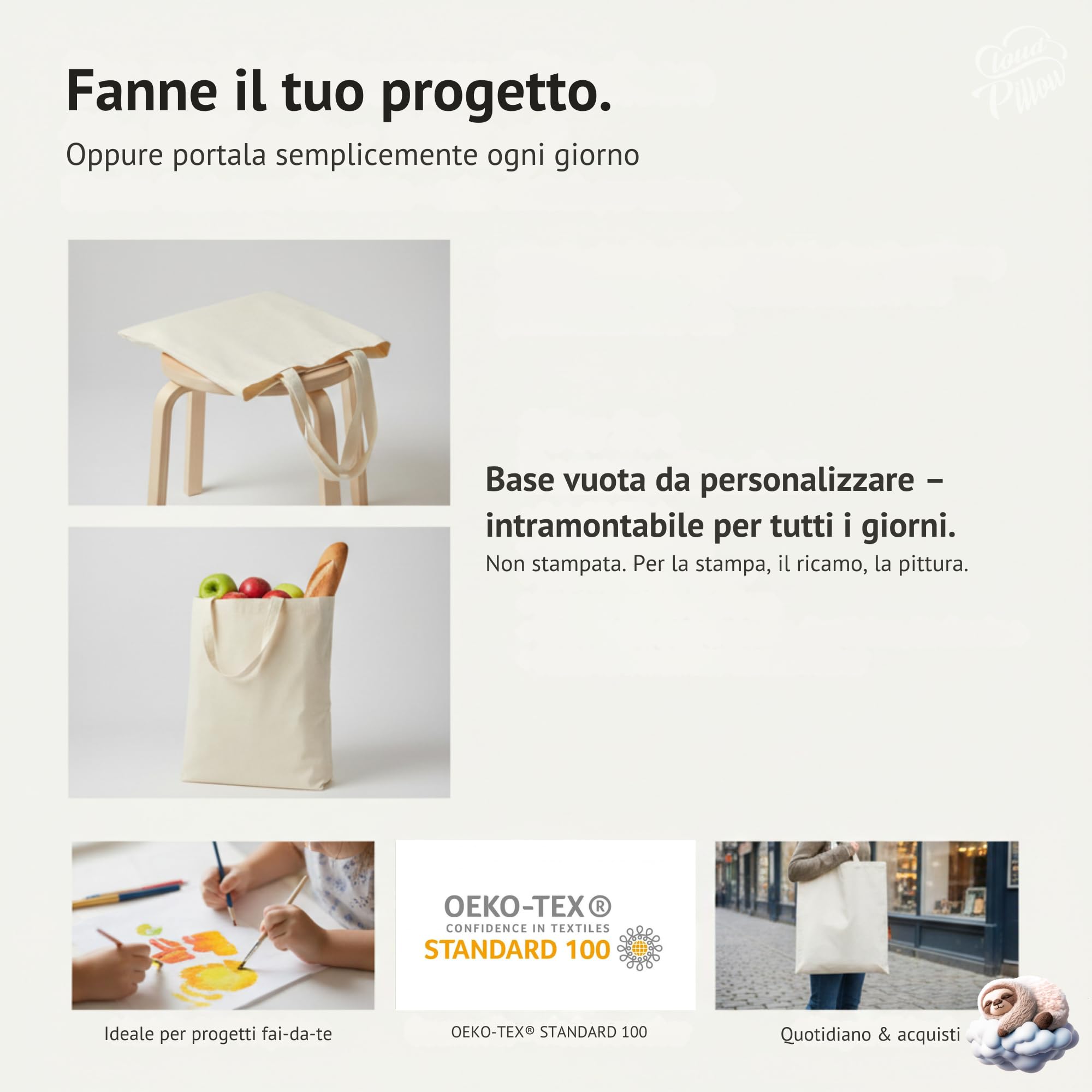 Cloud Pillow Sac in cotone 38 x 42 cm – borsa per la spesa in 100% cotone 144 g/m², non stampata per il fai-da-te (DIY) – pratica per l’uso quotidiano – OEKO-TEX Standard 100