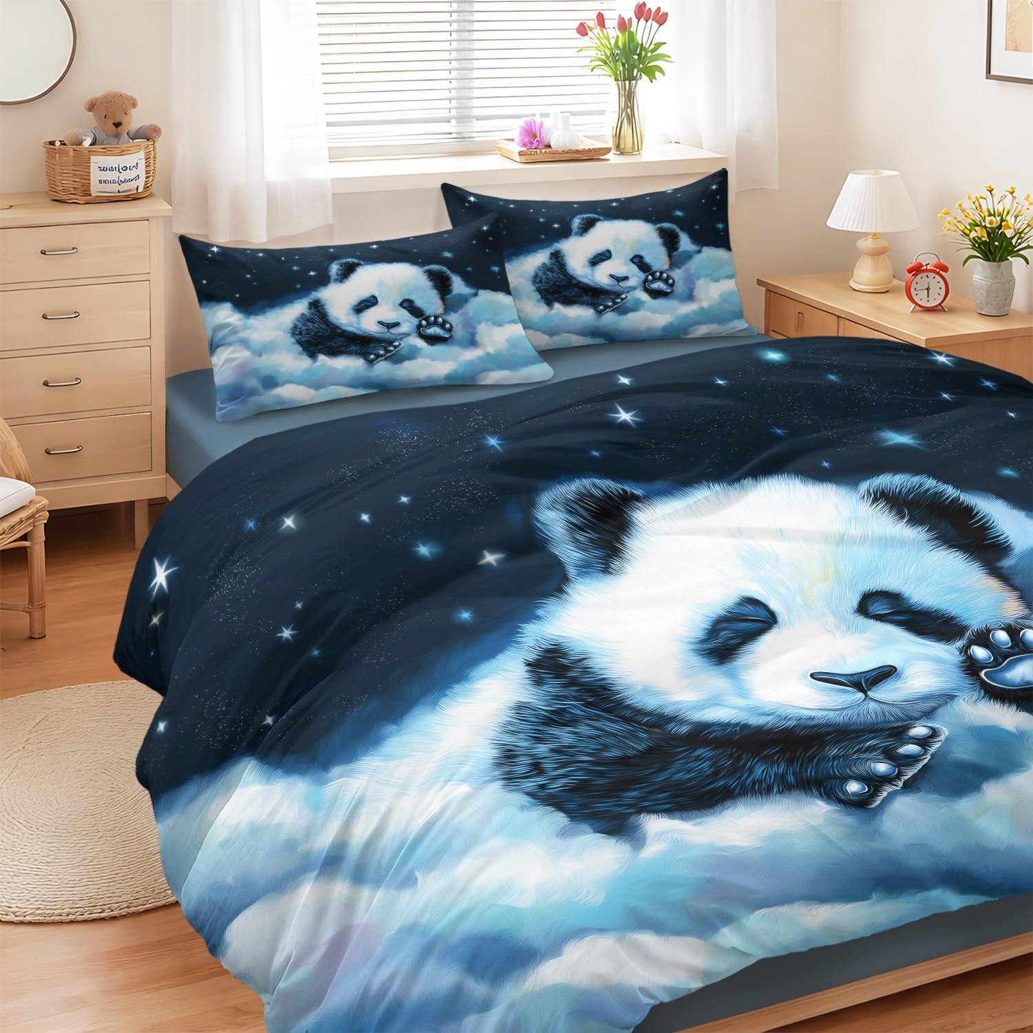 Housse de couette et drap-housse panda pour parure de lit 3 pièces