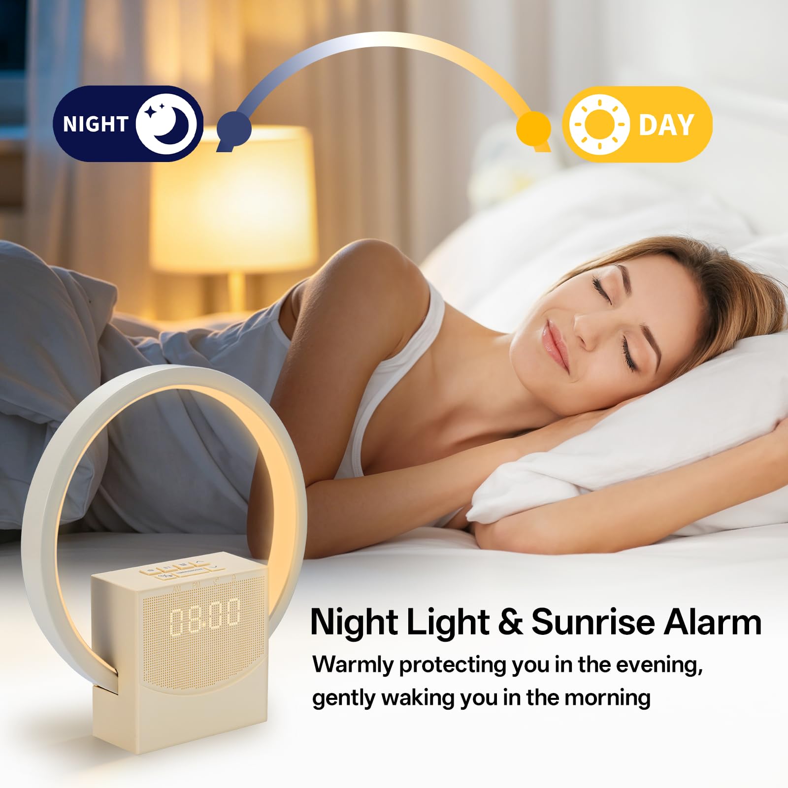 Reveil Simulateur d'aube, Lampe de Chevet Tactile avec fonction de Charge USB, Intelligent Réveil Lumineux, 3 Modes Intensité d'Éclairage, 8 Sons Naturels, aide au sommeil pour bébés et adultes