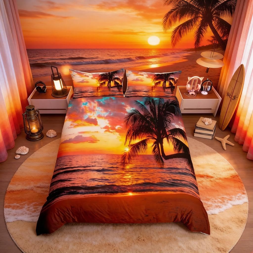 Homemissing Women Ocean Beach Duvet Cover For Kids Adults Girls Chic Sea Sunset Scenery Comforter Cover Tropical Palm Tree Bedding Set Hawaiian Holiday Bedding & Linen Super King Bedclothes — image 1
