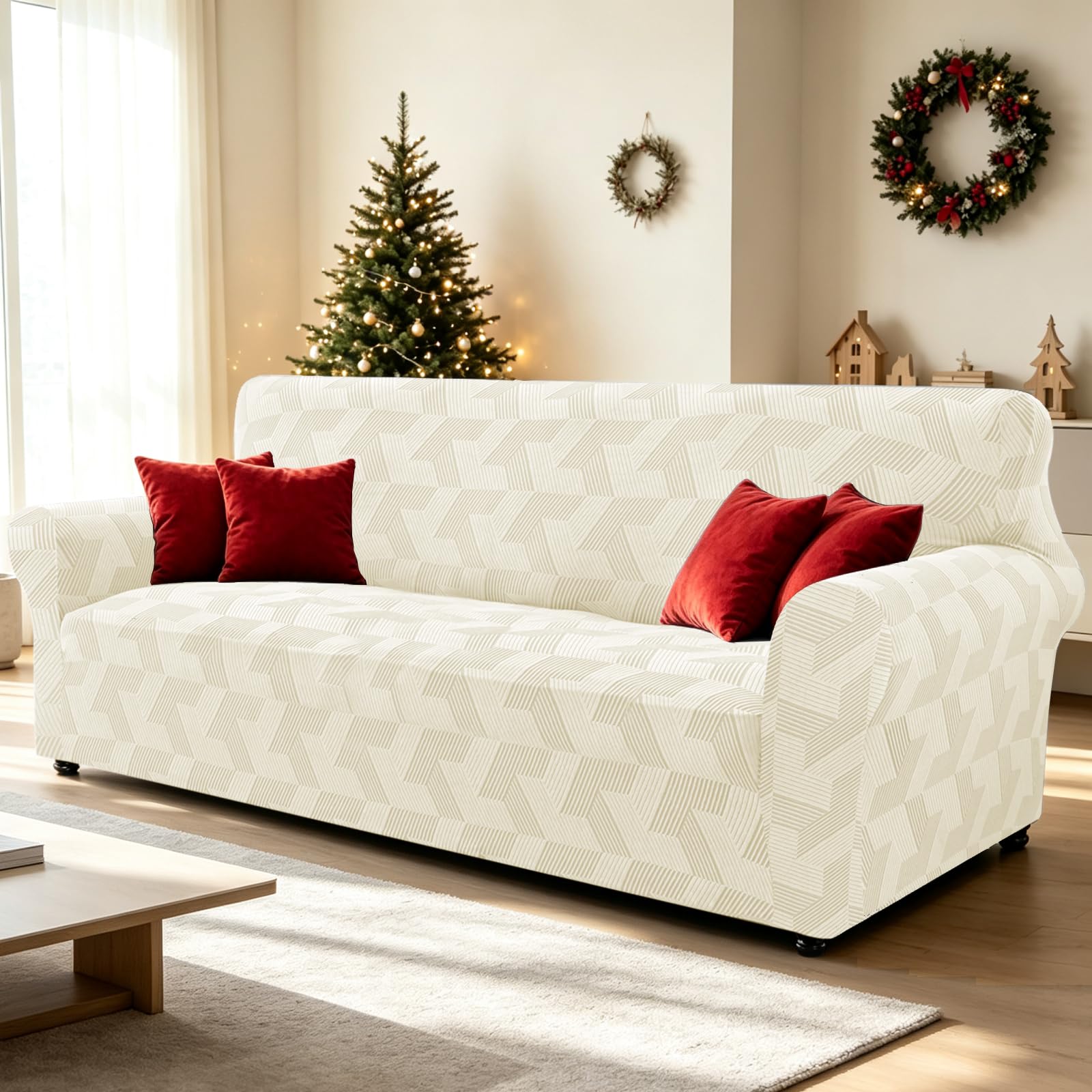 Condition photo showing New/Like New for znsayotx stretch couch covers for 3 cushion couch, 1-piece sofa cover slipcover pet friendly, furniture protector with elastic bottom for dogs geometrical jacquard fabric (large, beige)