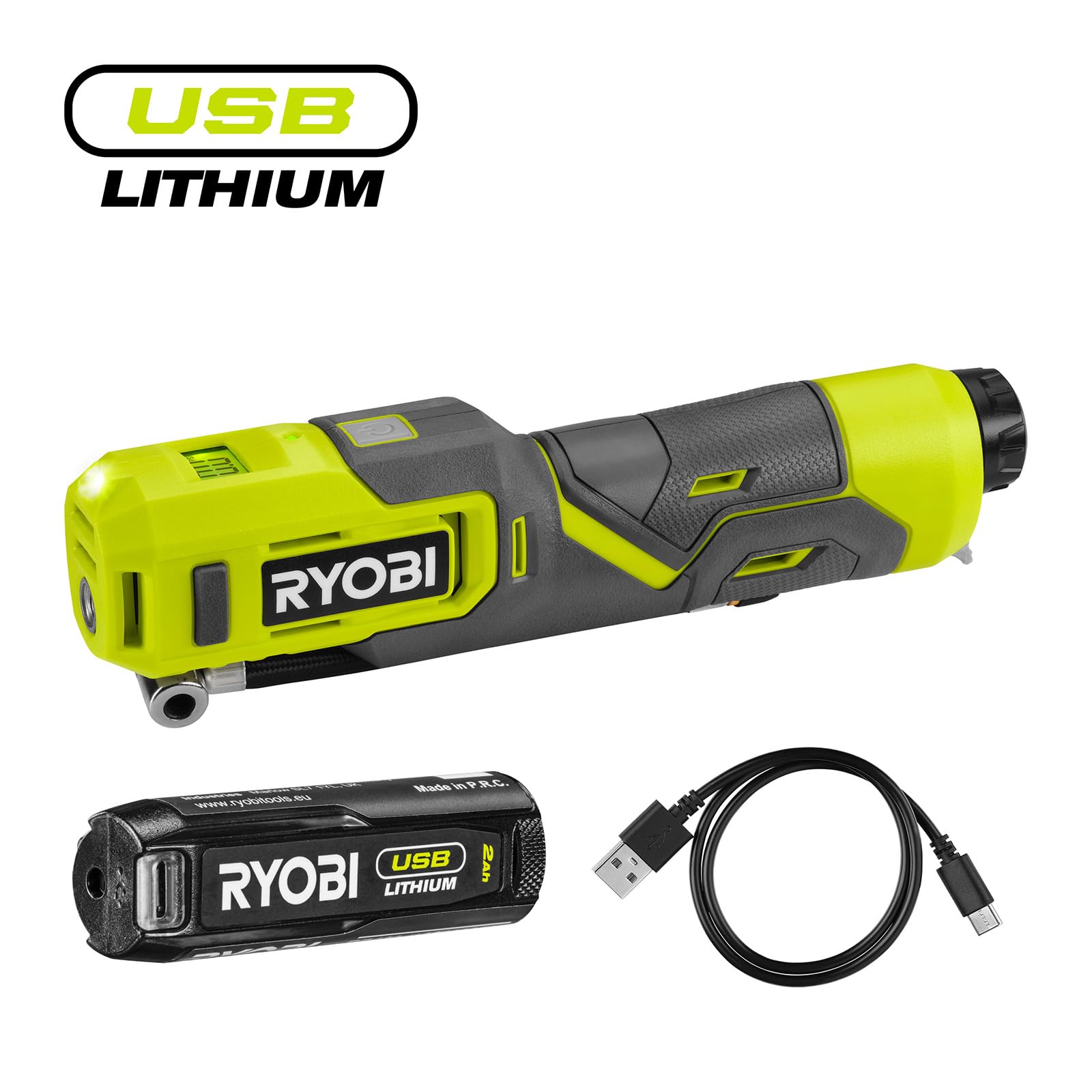 Ryobi Gonfiatore a Batteria 4V USB Lithium con Batteria 2,0Ah e Caricabatterie Inclusi, Pressione fino a 6,9 bar / 100 PSI, Display LCD Digitale, Luce LED, per Auto e Bici, RI4-120G