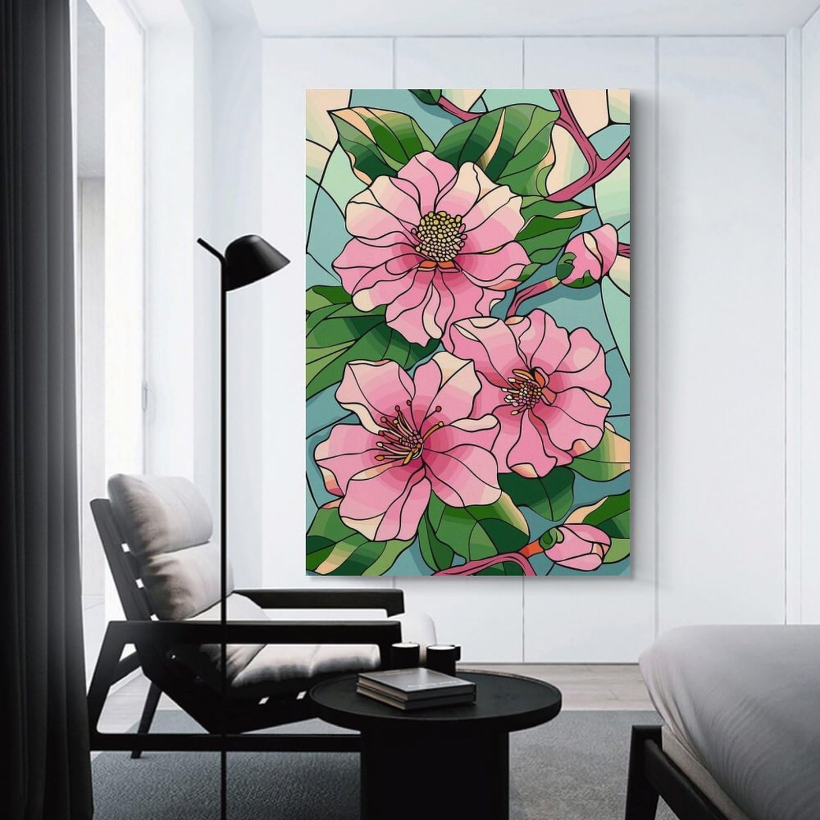Junmoney Stained Glass Pink Flowers And Leaves Hanging Wall Art 16x24inch(40x60cm), for New Homes, Bedrooms Or Workspaces, Thoughtful Wall Decor for Art Lovers