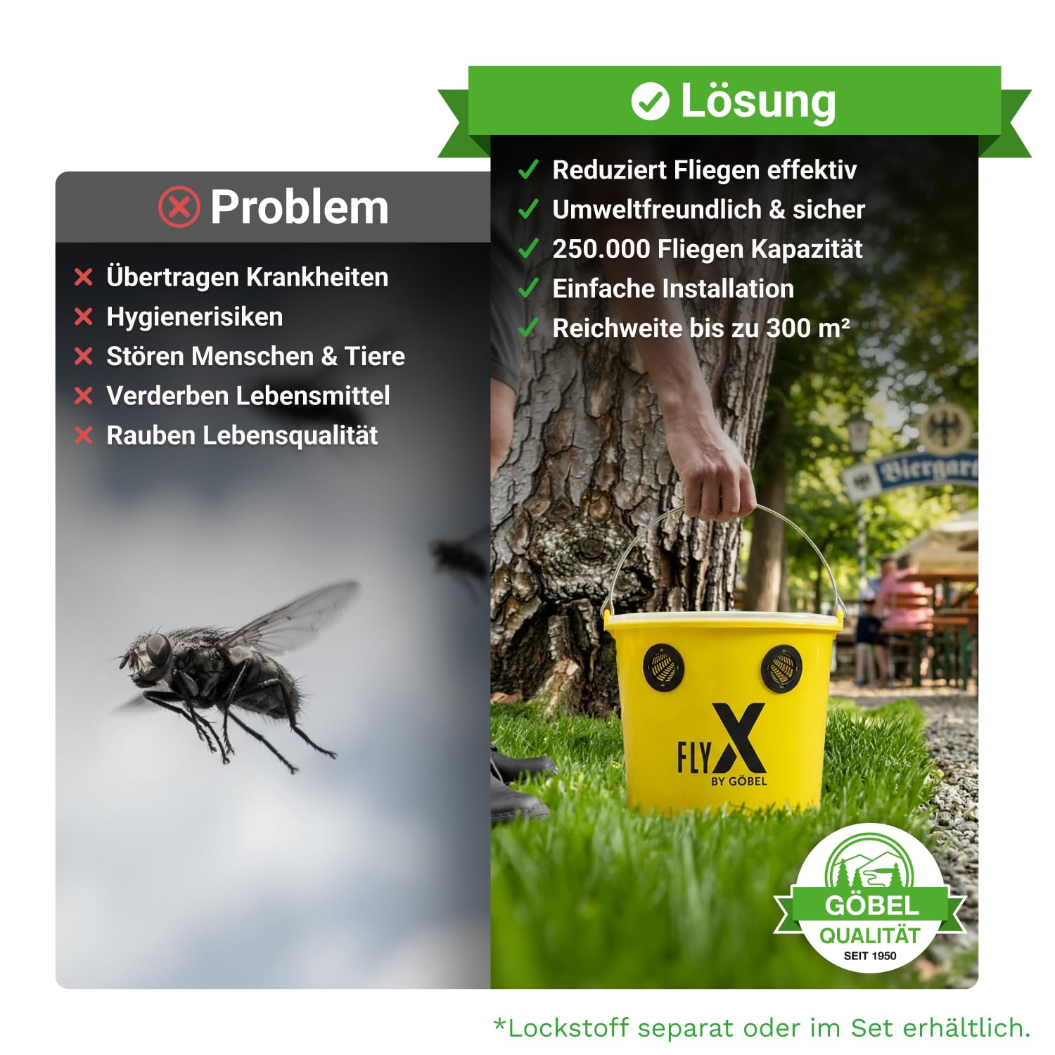 Piège à mouches Göbel Fly X, pour jardin, écurie, saule et chevaux, protection idéale contre les mouches, jusqu'à 250 000 mouches, insectes, freins, tiques, seau à suspendre avec arceau (piège à