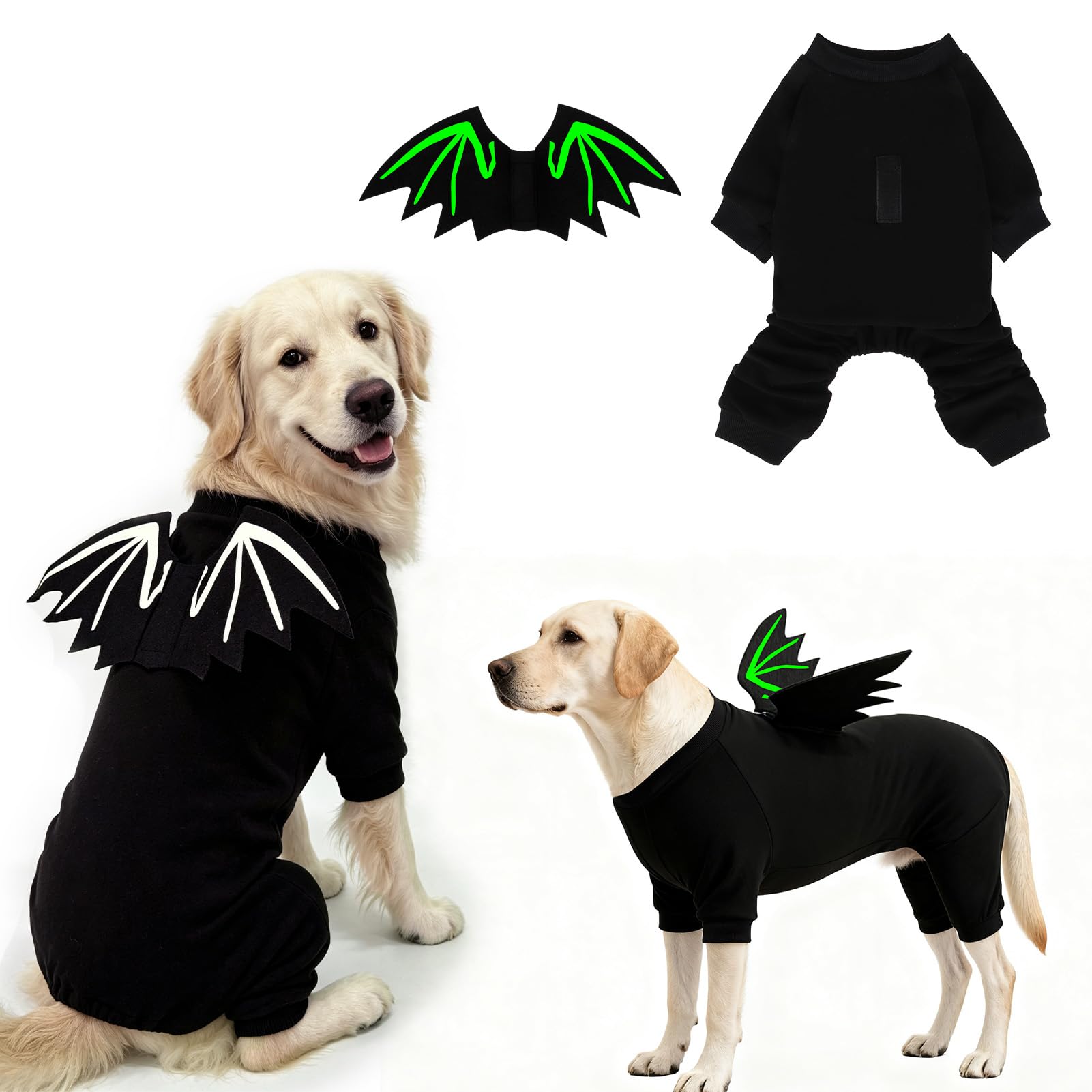 Mihachi Halloween Dog Pajamas with Removable Glow-in-the-Dark Bat Wings,Soft Pet Pjs Coat Winter Warm Jammies Doggie Sweater for Small to Large Dogs,Stretchy Puppy Onesie Outfits for Holiday,Black L