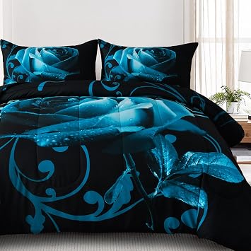 WONGS BEDDING Teal Blue Comforter Set Queen Teal Rose 3 Pieces Bedding