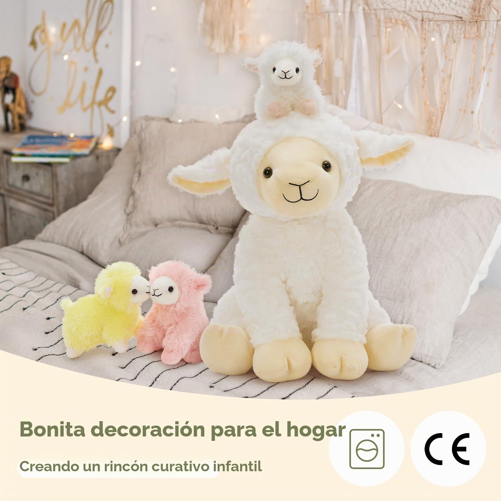 MorisMos Oveja de peluche XXL con 4 corderos en el vientre, 35 cm de alto, oveja de peluche, regalo de cumpleaños o Navidad