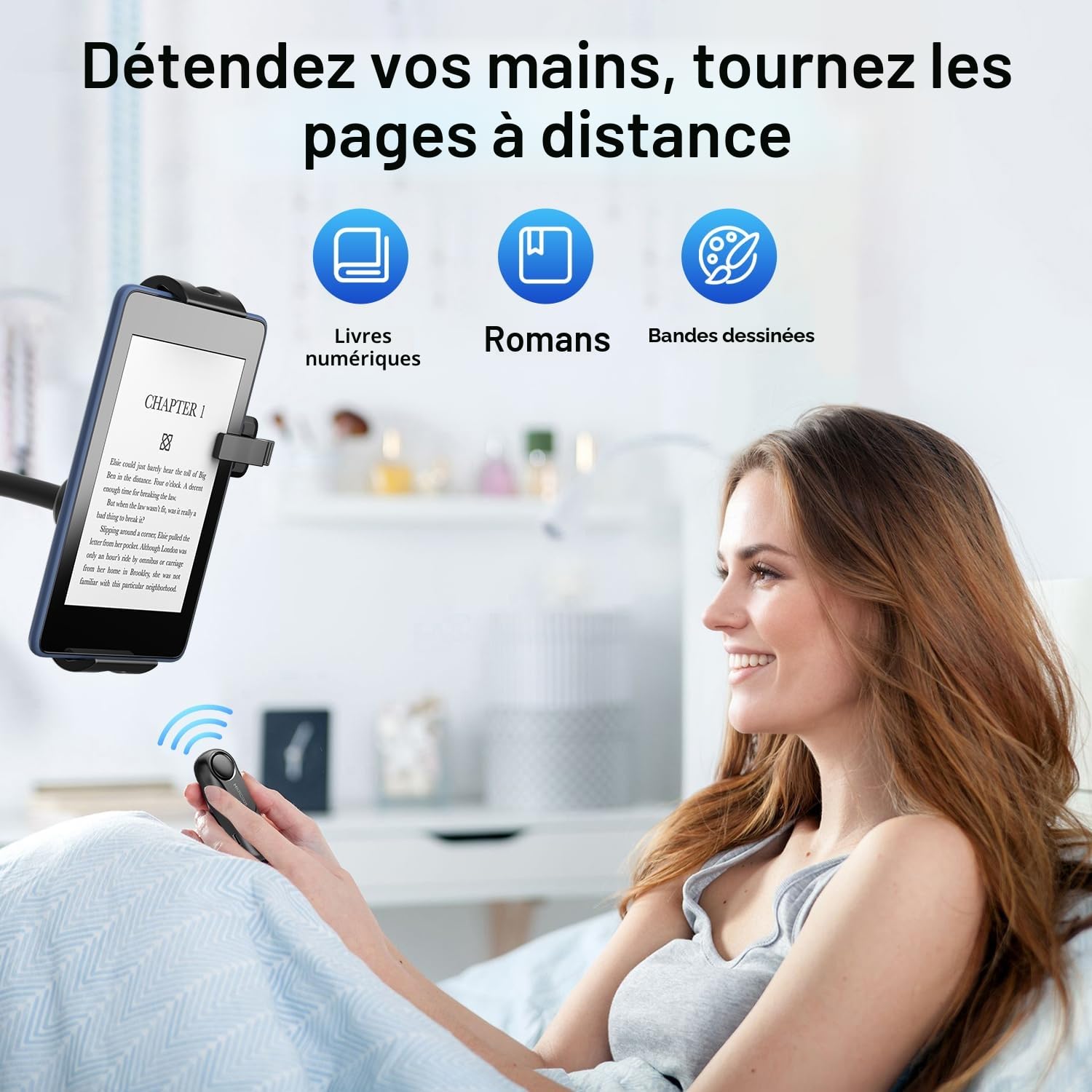 Support pour Tablettes pour la Lecture Kindle avec RF Télécommande Tourne Page (HKRC005, Noir), Support pour eReaders et Télécommande Liseuse, Accessoires pour la Lecture Kindle/iPad/Tablets