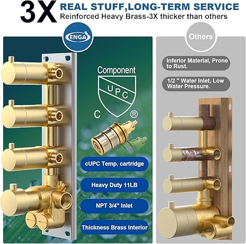 Miniatura 20 de Enga Sistema de ducha termostático doble, grifo de ducha de lluvia doble de montaje en pared de 12 pulgadas + 6 pulgadas, todas las funciones se Oro