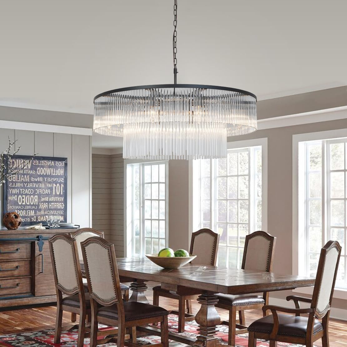 Contemporary Black Chandeliers, 2-Tier Dining Room Glass Chandelier Lighting 10 Lights Round Chandelier for Living Room Foyer Entryway Ceiling Hanging Pendant Light Fixture 32"