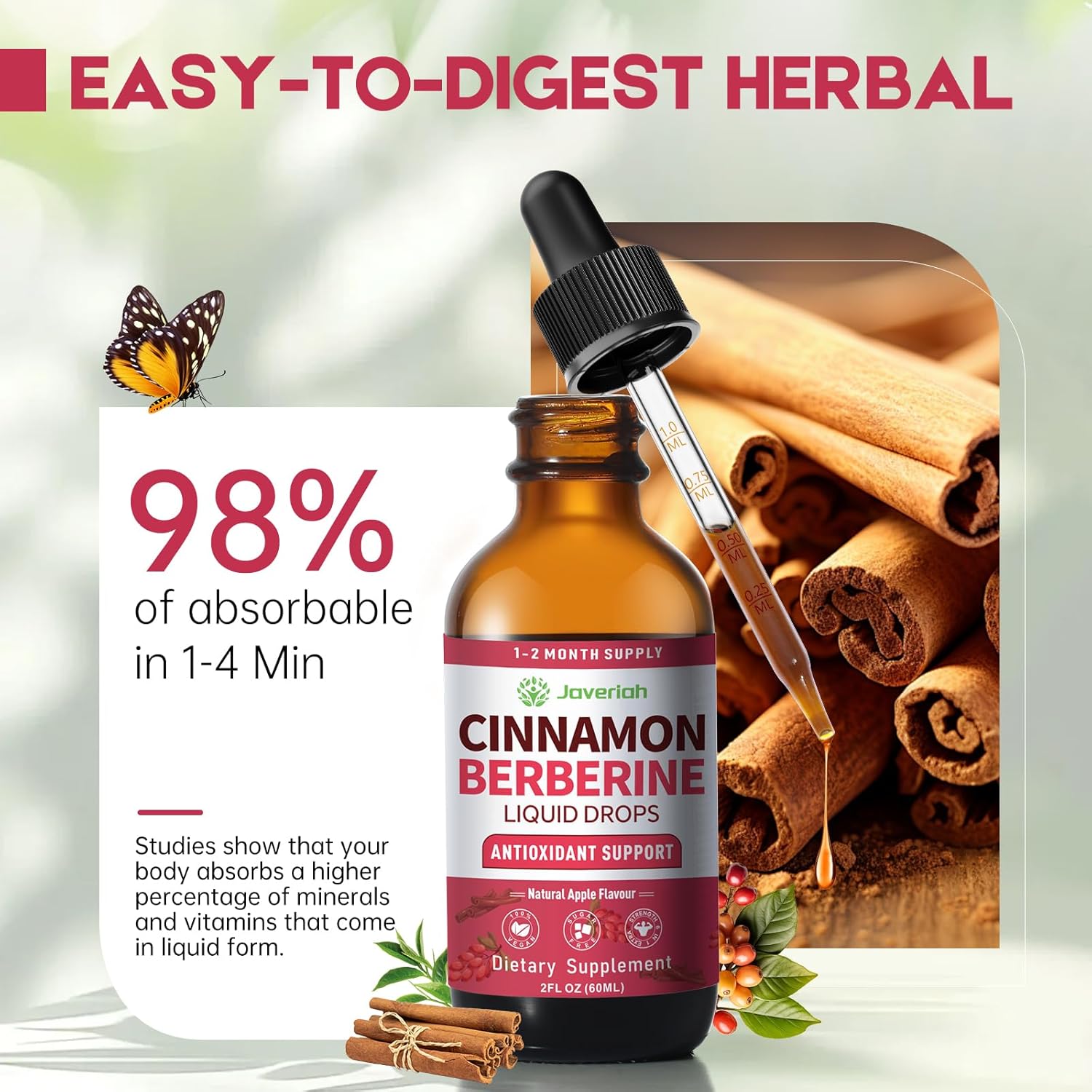 Berberine Drops with Ceylon Cinnamon Bitter Supplement,Berberine HCL Liquid Drops with Turmeric,Green Tea,Apple Cider Vinegar,Black Seed Oil for Overall Support & Digestive System 4 FL OZ 2 Pack