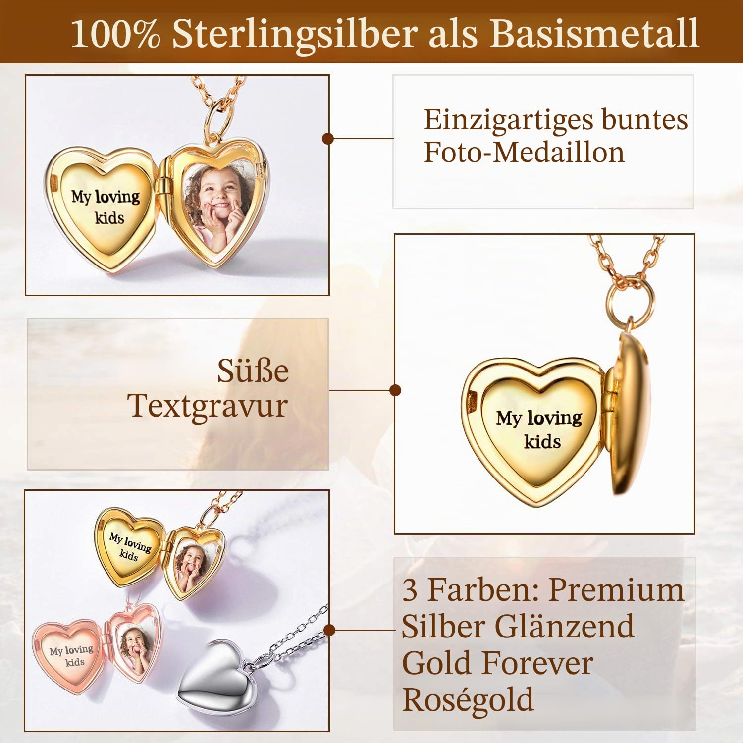 SILVERCUTE Damen Collier 925 Sterling Silber/18k vergoldet Foto Gravur Kette personalisiert Herz/Runde/Oval Medaillon Anhänger mit 1,5mm 45cm Rolokette einzigartiges Schmuck Geschenk für Mädchen