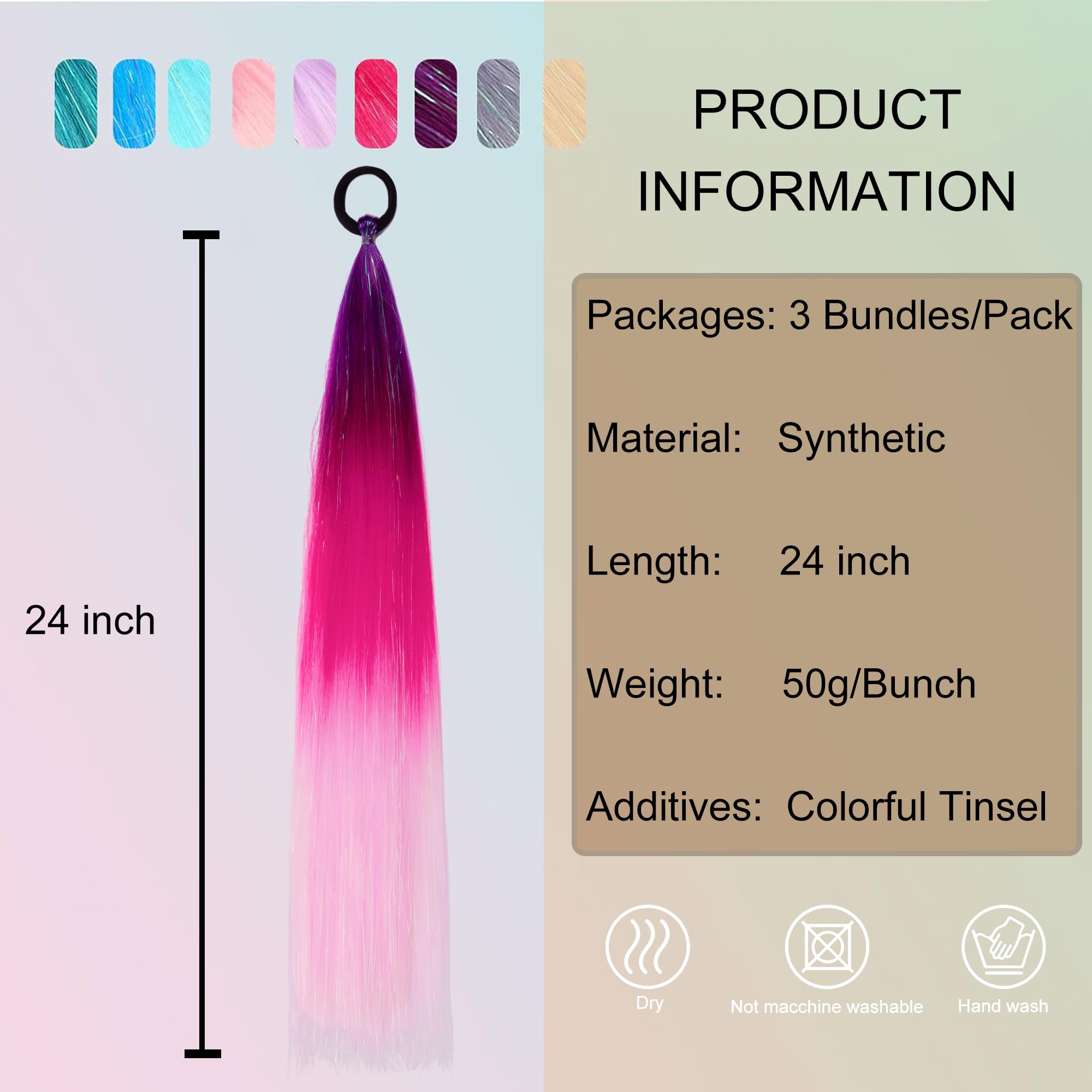 PORSMEER 3 Pcs Rainbow Hair Extensions With Elastic Tie,3 Tone Mermaid Hair for Braiding Crochet,Synthetic Braided Ponytail Extension for Women,Glitter Hair for Festival/Party(Purple/Red/Pink) - Image 3