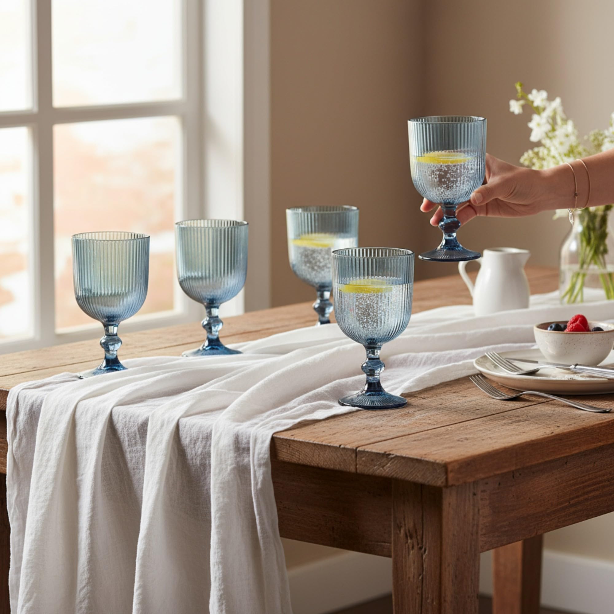 Juego de 6 vasos acanalados y copas de vino, línea estriada, cristal acanalado, vasos de cóctel con relieve, copas de vino, copas de agua (copa de vino azul)