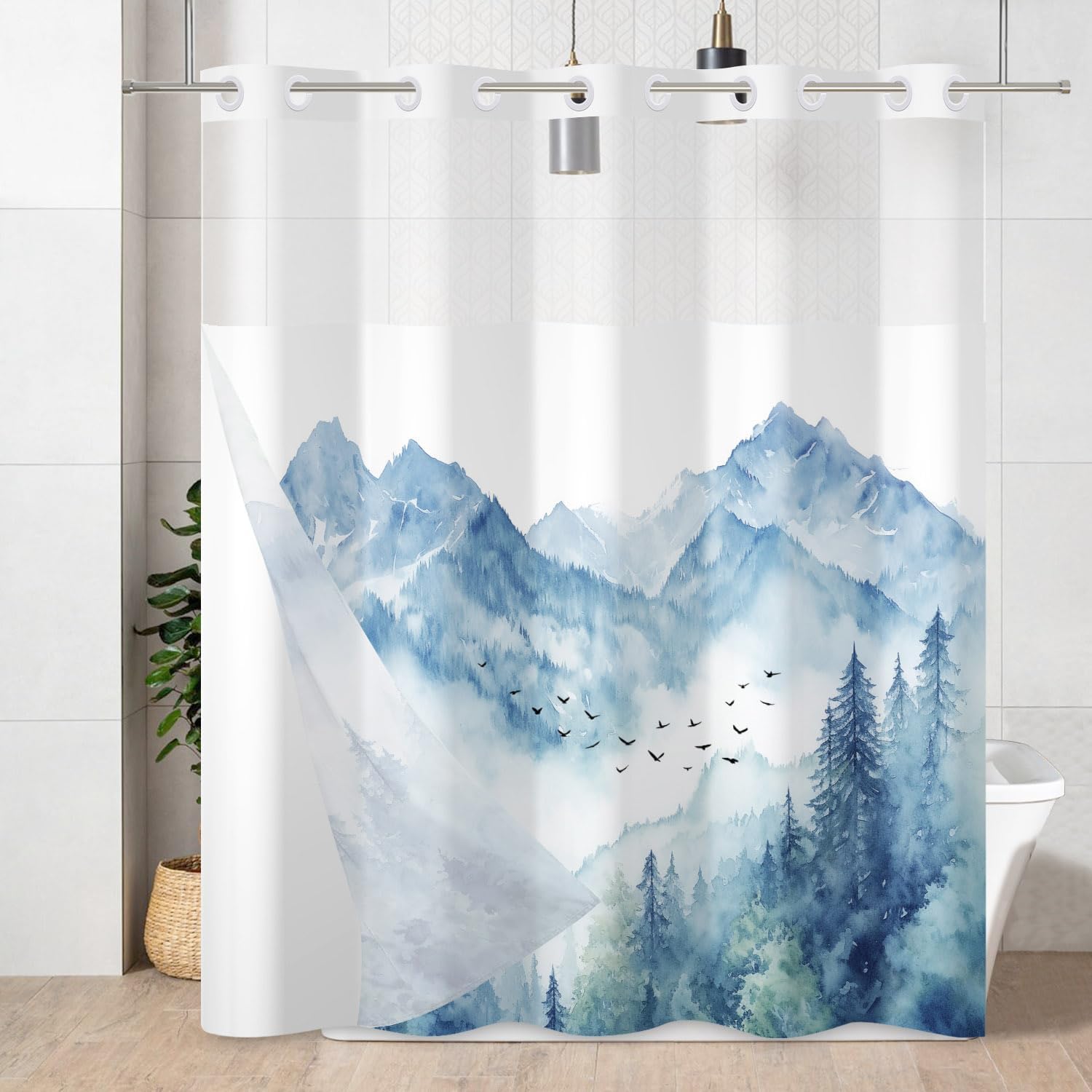 AWERT Forest Blue No Hook Shower Curtain with Snap in Liner Misty Mountain Shower Curtain for Bathroom Fabric Waterproof Liner 71 Wx74L