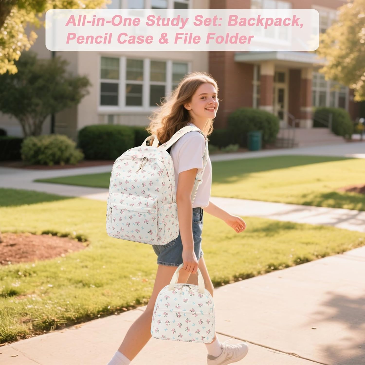 Kids Backpack for Preschool Boys Girls Kindergarten Bookbag 15 inch Toddler Travel School Bag Fits Age 3-8 (Pink Floral Blue Bow) image 7 of 9 B0FJ4T6YS4