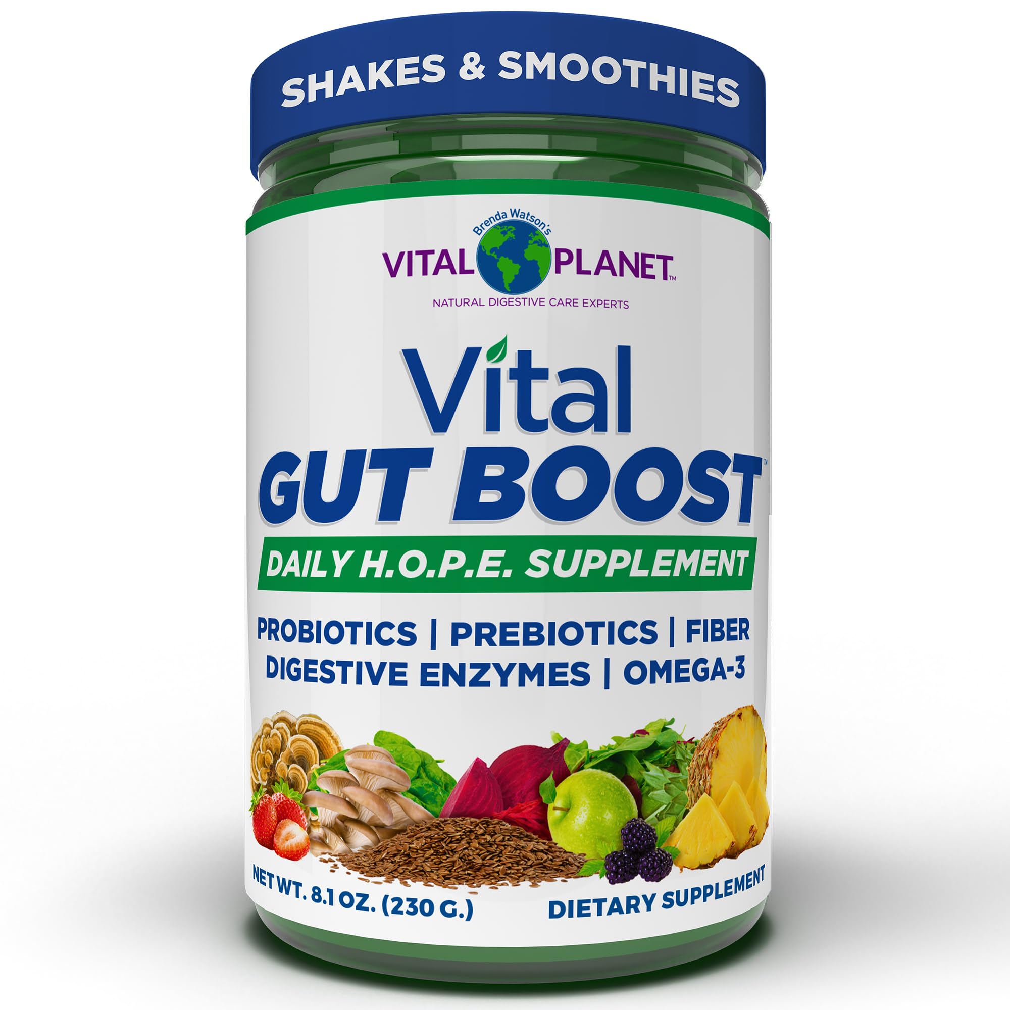 Vital Planet - Vital Gut Boost Powder by Brenda Watson, PBS Gut Check Hope Supplement with Fiber 35, Omega 3 Oil, Probiotics, and Digestive Enzymes, 8.1oz, 230 Grams, 30 Servings