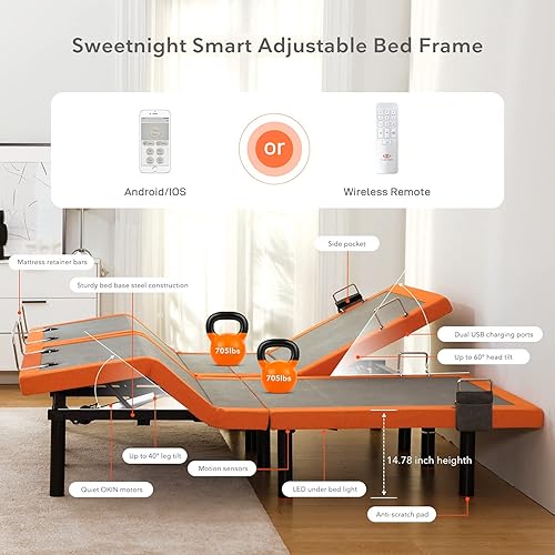Miniatura 4 de Sweetnight Base de cama ajustable sincronización inalámbrica Bluetooth luz debajo de la cama con sensor inclinación independiente de la cabeza y el