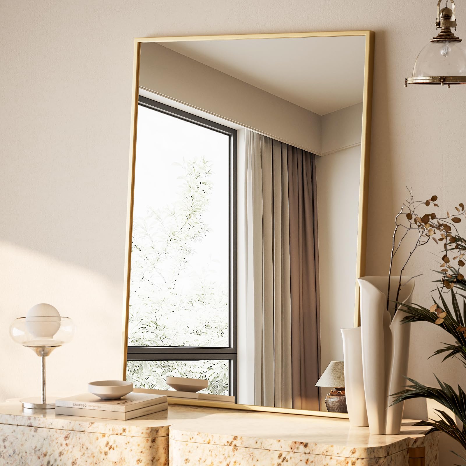 BEAUTYPEAK 76x51cm Rechteckiger Wandspiegel mit Metallrahmen, Gold Bruchsicherer Badspiegel, Wandspiegel für Bad, Schlafzimmer, Wohnzimmer, Rectangular Bathroom Mirror