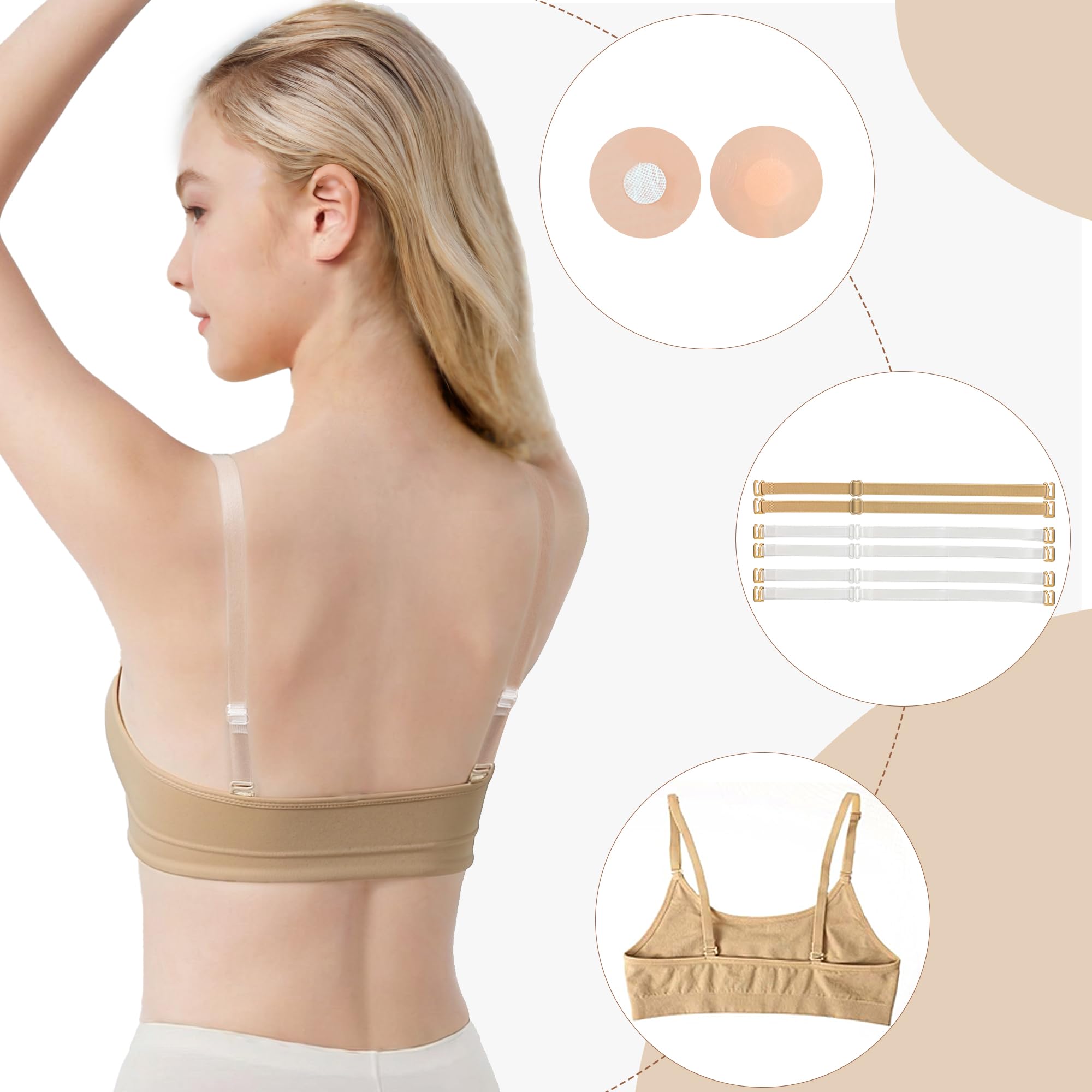 Soutien-gorge de danse à bretelles transparentes pour filles, non rembourré avec 2 paires de bretelles réglables, 1 paire de coussinets en silicone