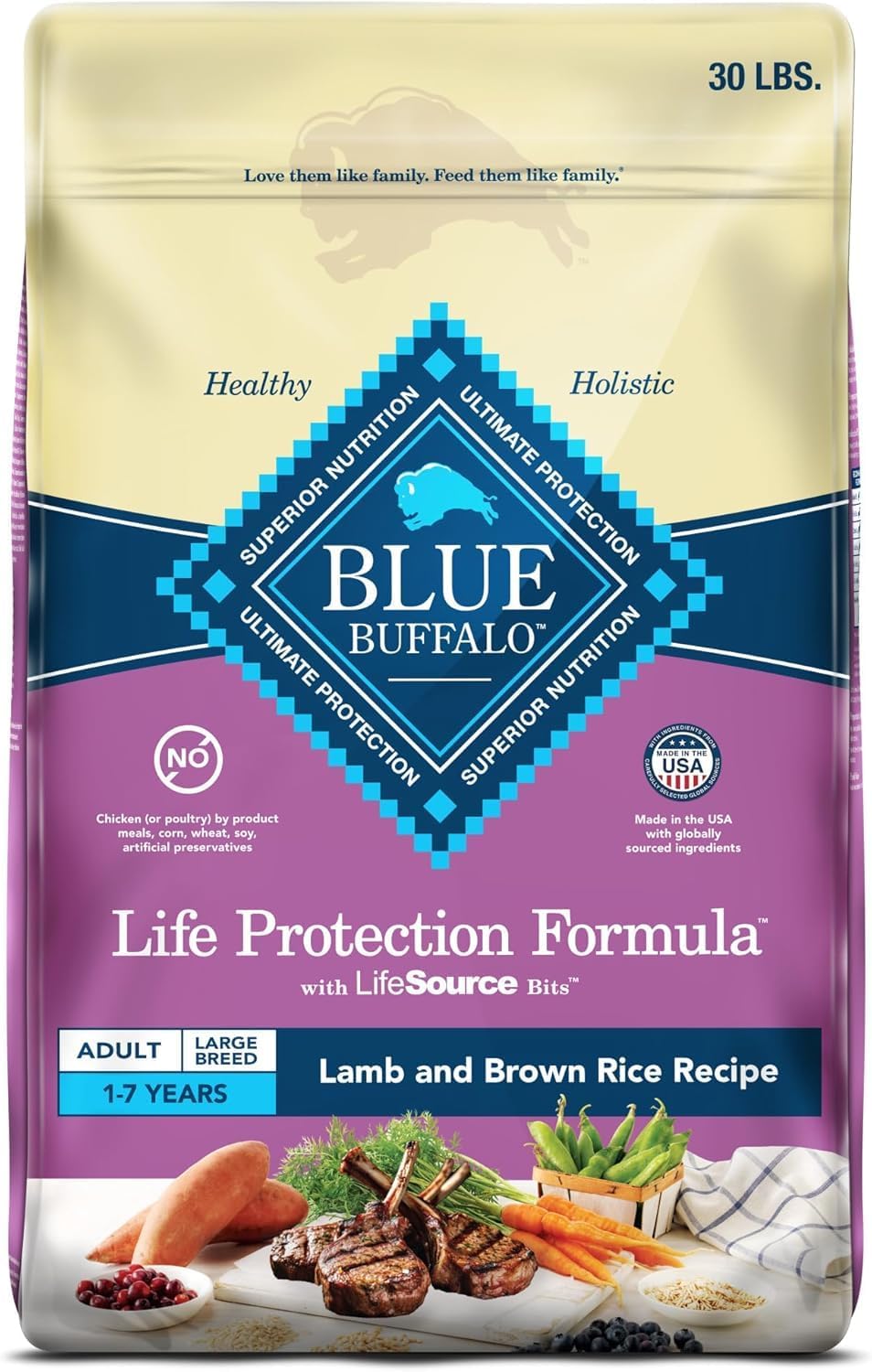 Blue Buffalo Life Protection Formula Large Breed Dog Food – Natural Dry Dog Food for Adult Dogs – Lamb and Brown Rice 11.7kg Bag – 26lb, Kibble
