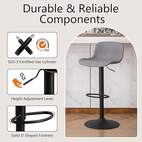 Miniatura 5 de YOUTASTE Juego de 2 taburetes de bar de tela gris, modernos taburetes tapizados de altura de mostrador, taburete de bar giratorio ajustable con