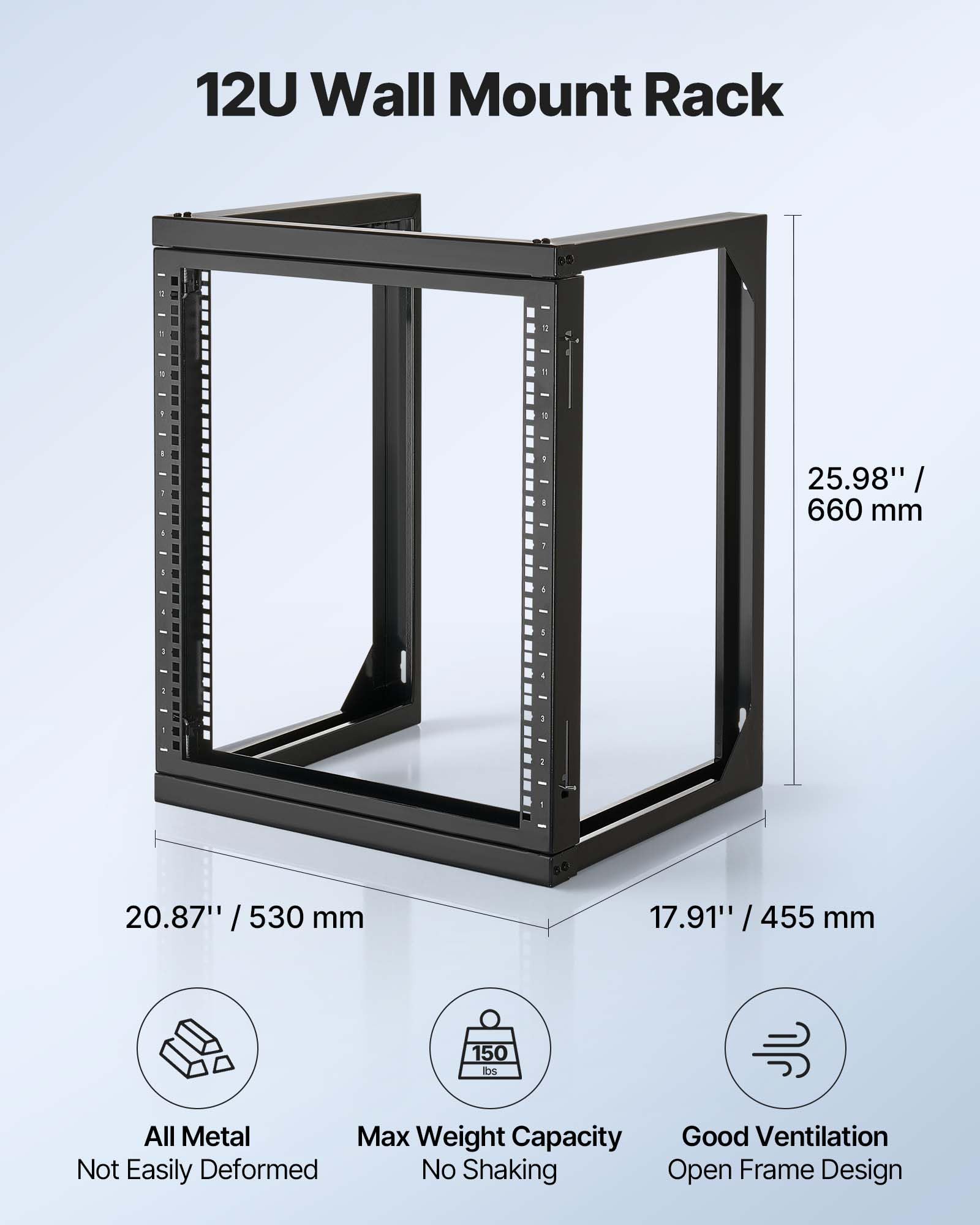 VEVOR Regał serwerowy 12U do montażu ściennego, maks. nośność 68 kg, regał sieciowy z otwartą ramą z huśtawką bramkową 180 stopni, stal węglowa, do urządzeń sieciowych IT i urządzeń AV, serwer