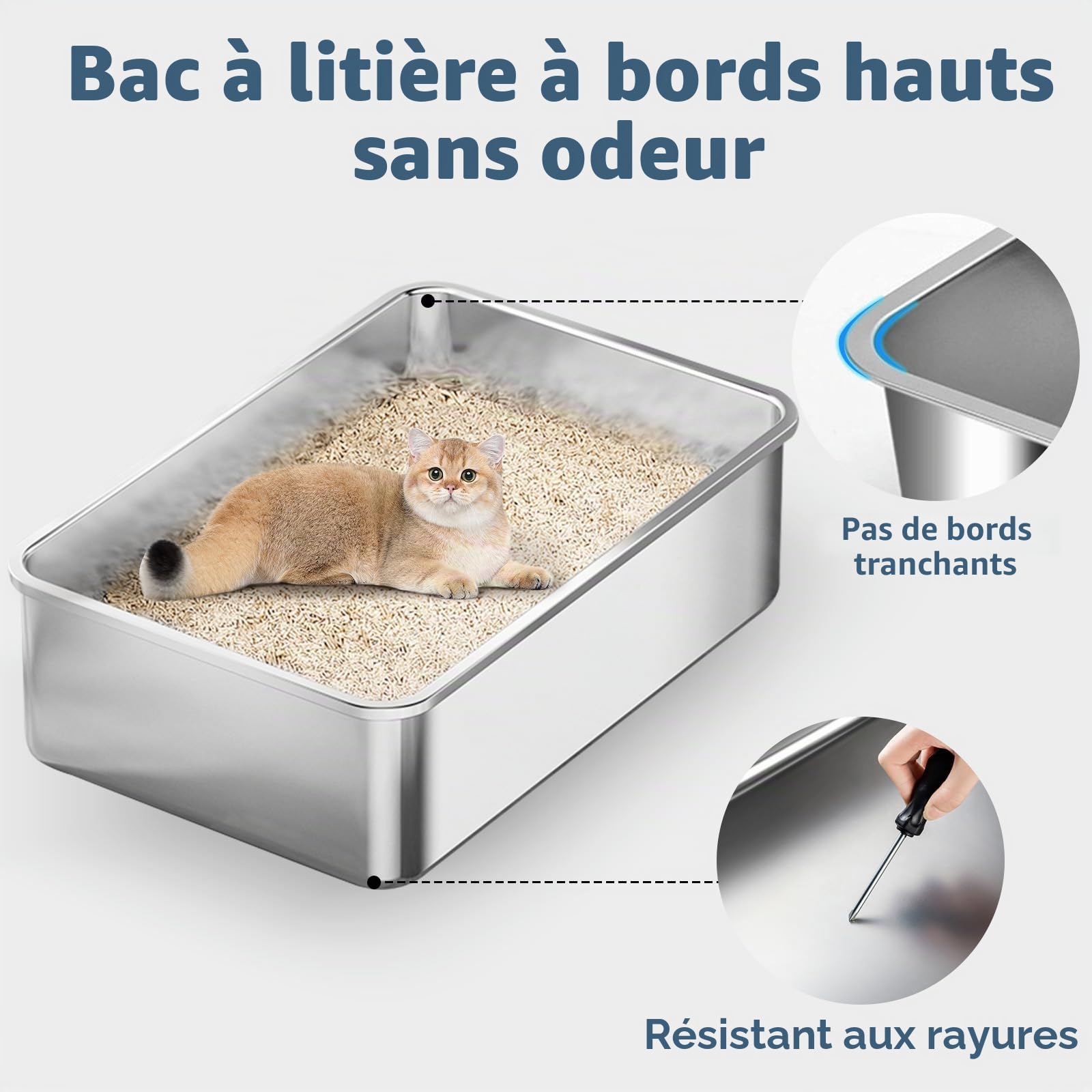 Bac à litière pour Chats en Acier Inoxydable, Lot de 3, 60 x 40 x 20 cm, bac à litière Extra Large en Acier Inoxydable, étanche, antiadhésif et inodore