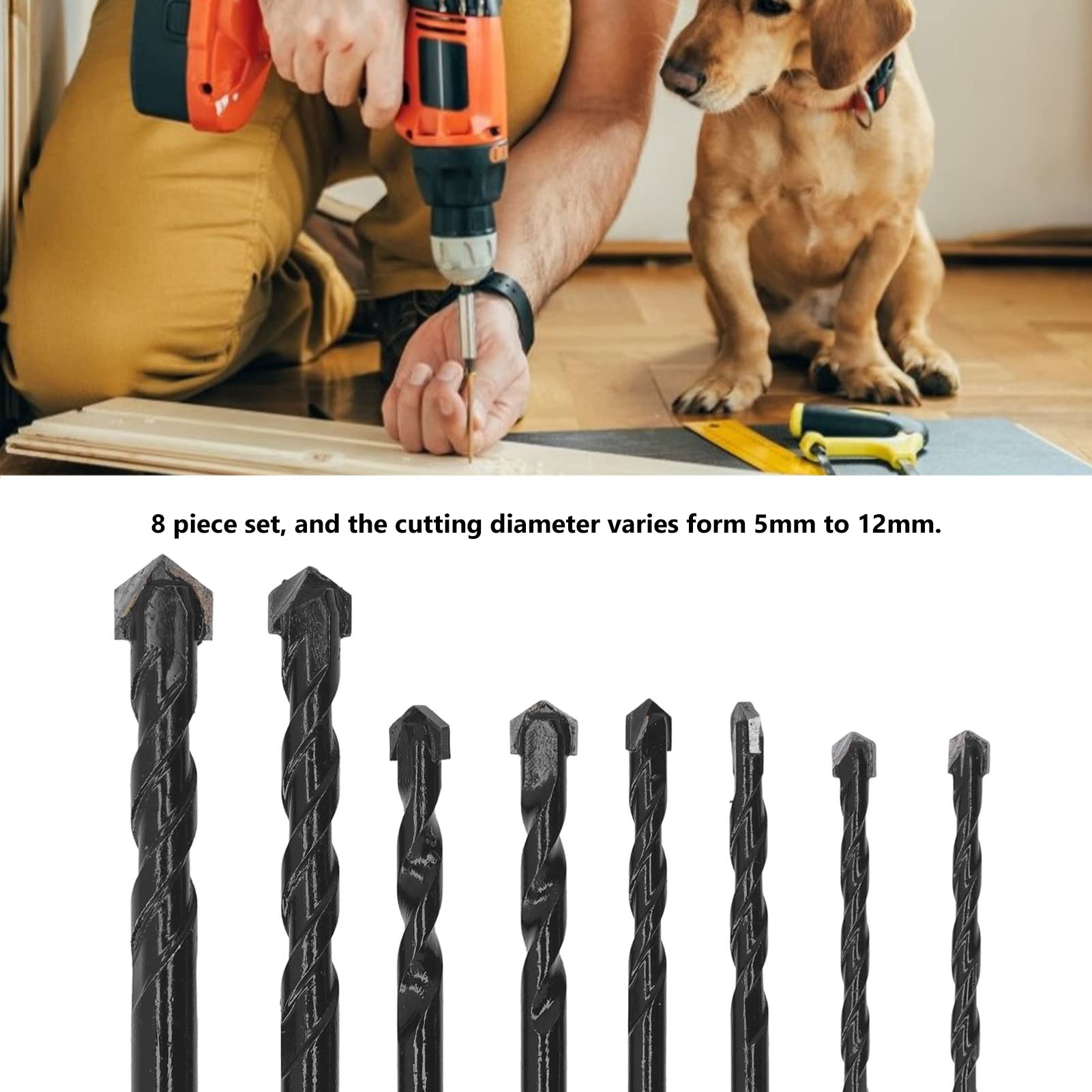 8 Pezzi Set di Punte per Trapano per Muratura, Set di Punte per Trapano per Piastrelle con Gambo Esagonale Professionale per Calcestruzzo in Plastica per Legno, Cemento, Mattoni di Vetro, 5~12 mm /