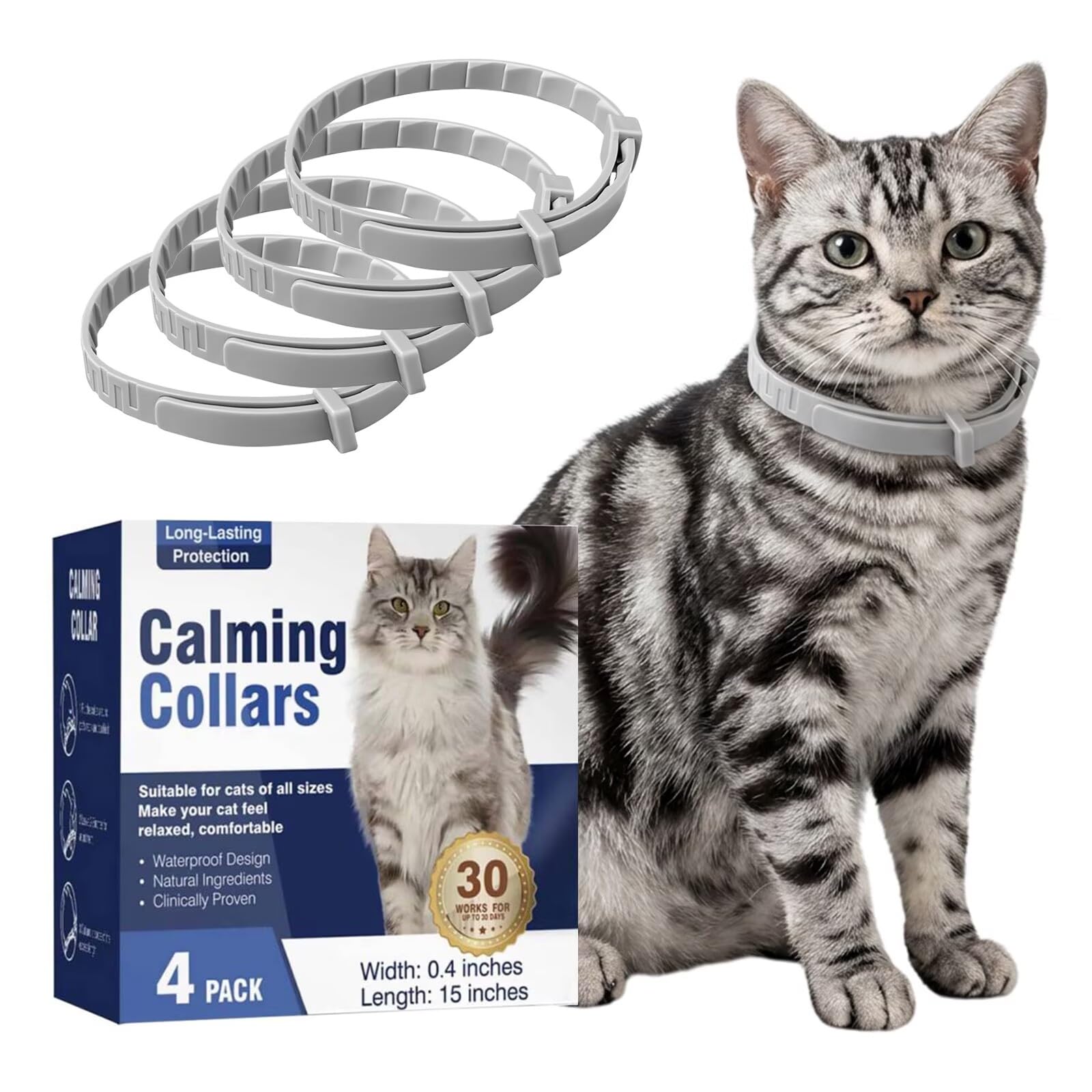 Lot de 4 colliers apaisants avec phéromones apaisantes pour chat, dure 30 jours pour soulager l'anxiété et le stress – Ajustement réglable de 38,1 cm pour tous les chats