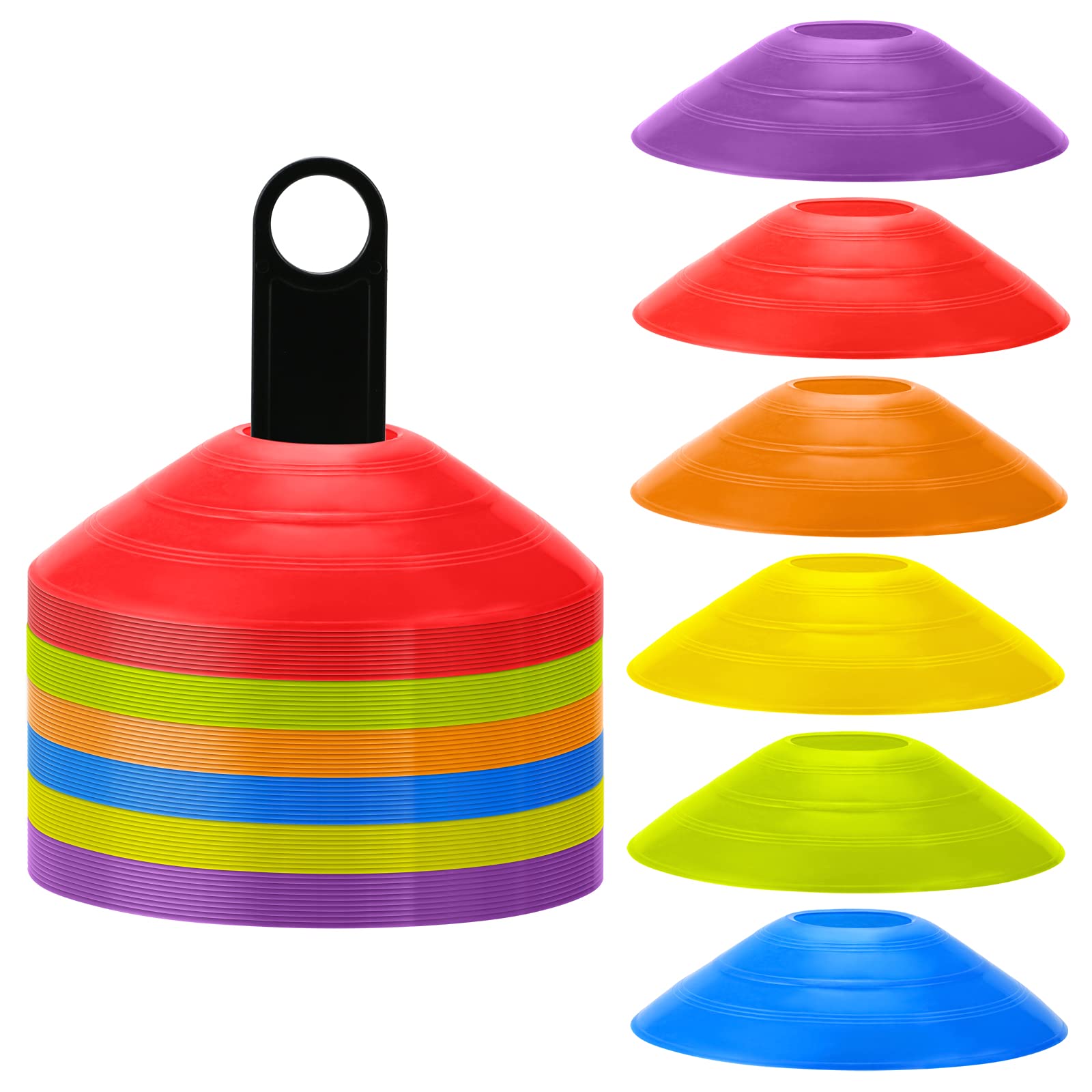 60 Pcs Disc Cones - Agility Soccer Cones with Carry Bag & Holder for Football Training, Basketball, Sports Practice Equipment, Field Markers (6 Colors)