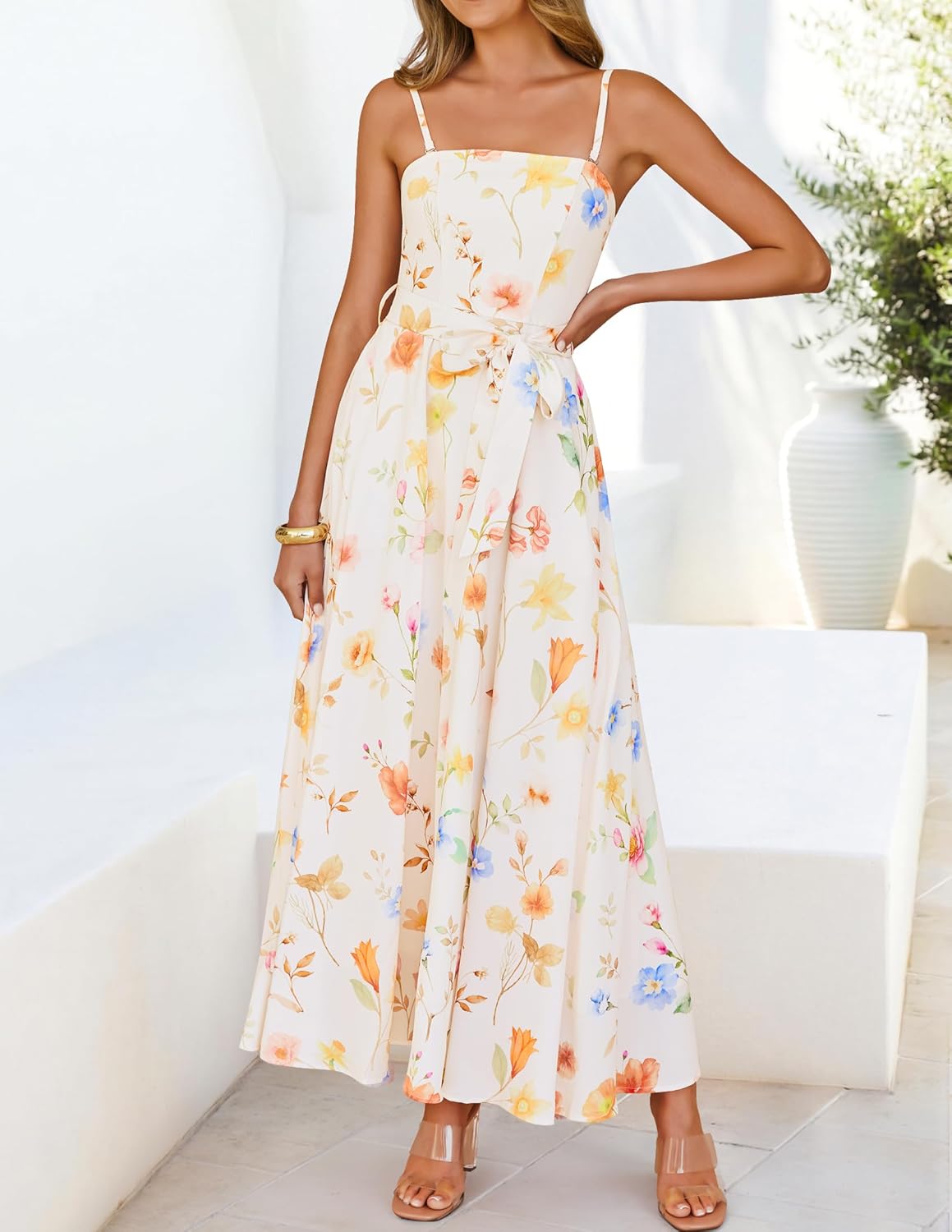 ZESICA Women's Summer Floral Maxi Dresses 2026 Sleeveless Spaghetti Straps A Line Flowy Wedding Guest Sundress with Belt - Image 3