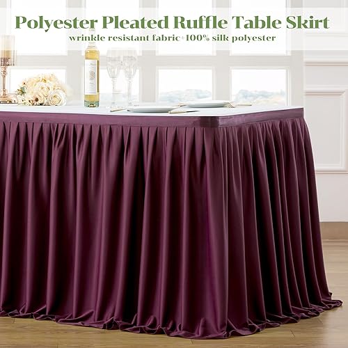 Miniatura 3 de Partisky Falda de mesa de poliéster burdeos para mesas rectangulares de 6 pies, mantel plisado resistente a las arrugas con volantes para banquetes,