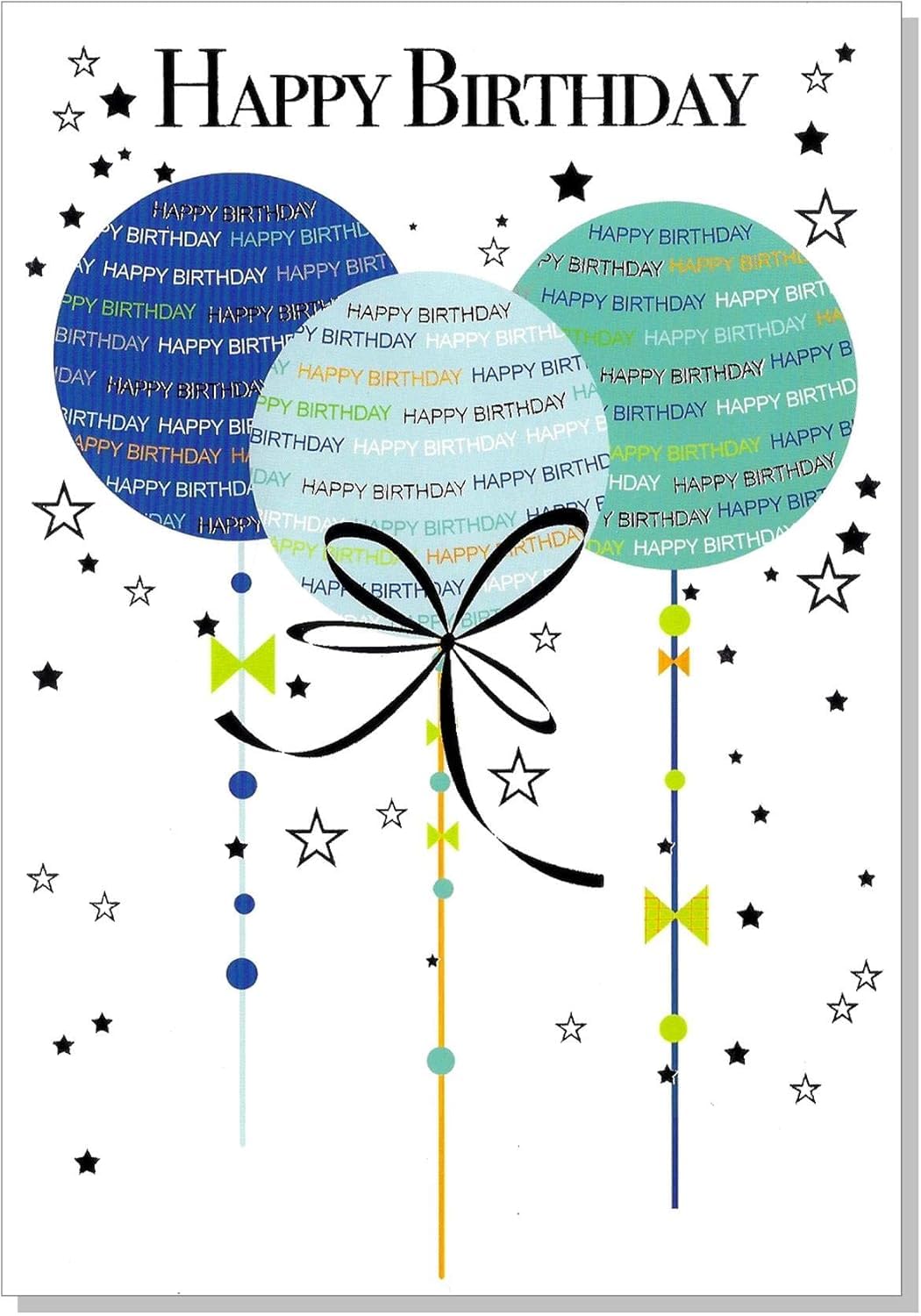 Male Birthday Card - Script Balloons Blue Green - 7.5" x 5.25"