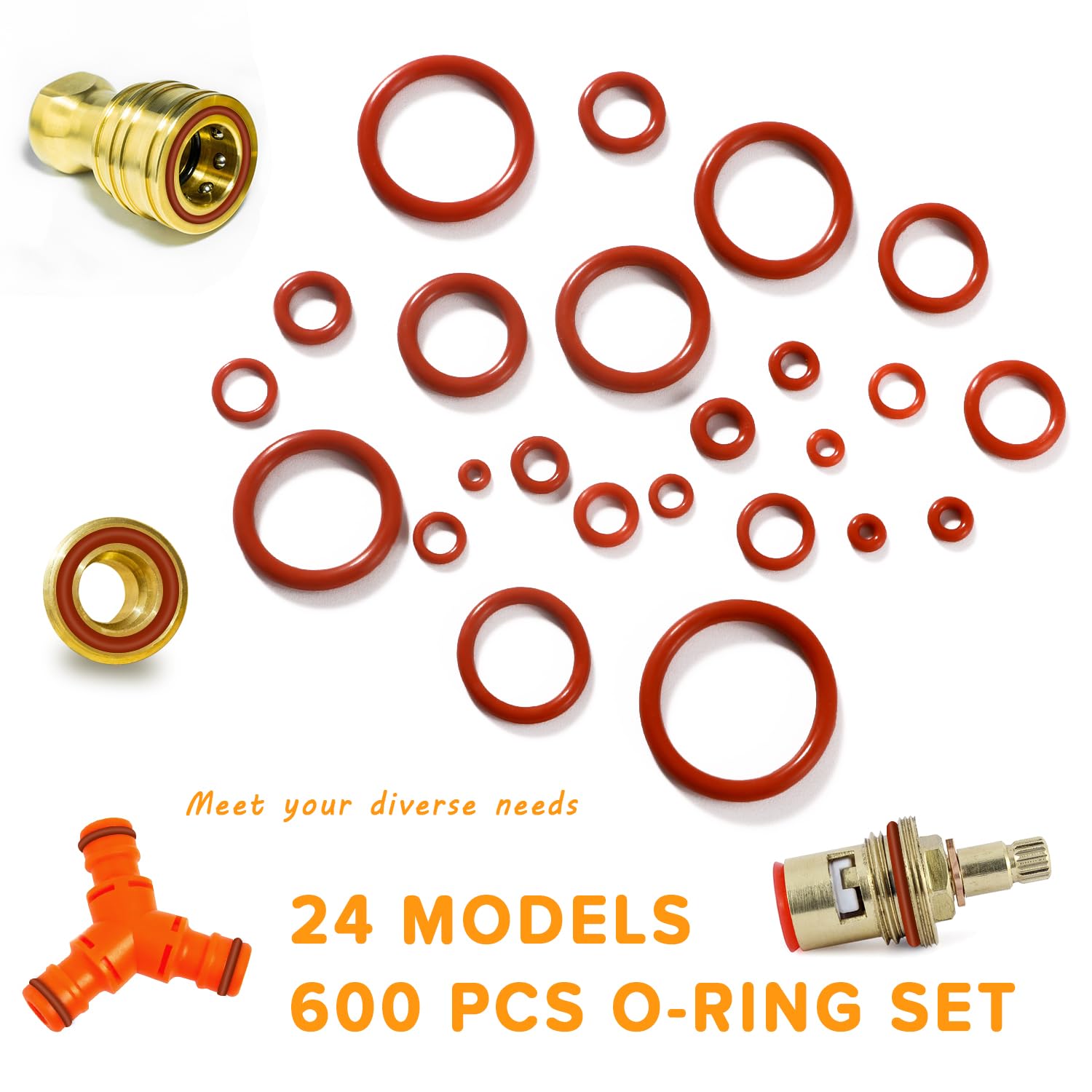 600 Pezzi 24 Misure O-Ring Assortimento Kit, Silicone Guarnizione O-Ring Kit, con Doppia Testa Ganci per Paraolio, per Riparazione Rapida Dell’Auto, Rosso