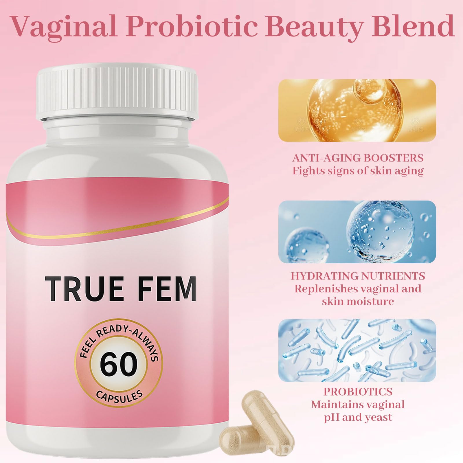 True Fem Capsules, Feminine Probiotics Vitamin Capsulas for Women 60 Count