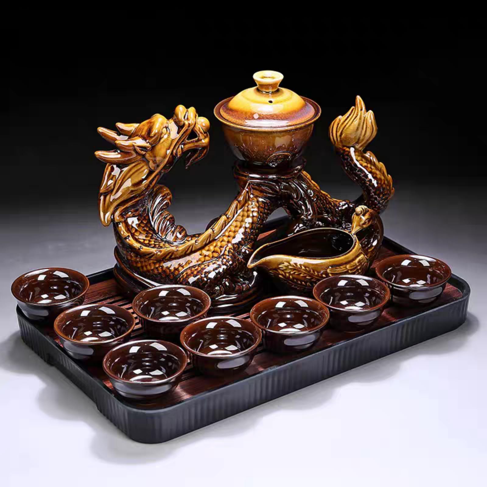 Chiński zestaw do herbaty Gongfu – ceramiczny czajniczek z zaparzaczem, 8 filiżanek, półautomatyczny, z motywem smoka do herbaty liściastej